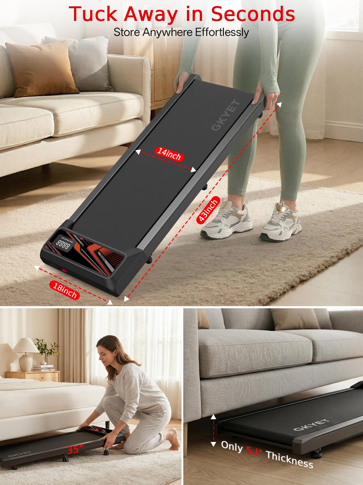 Walking Treadmill Pad with 8% Incline for Home, Under Desk Treadmill for Home Office, 2.5HP Quiet Portable Walking Mat, 265 lbs Capacity, Compact Treadmill for Small Spaces with 15" x 35.4" Belt