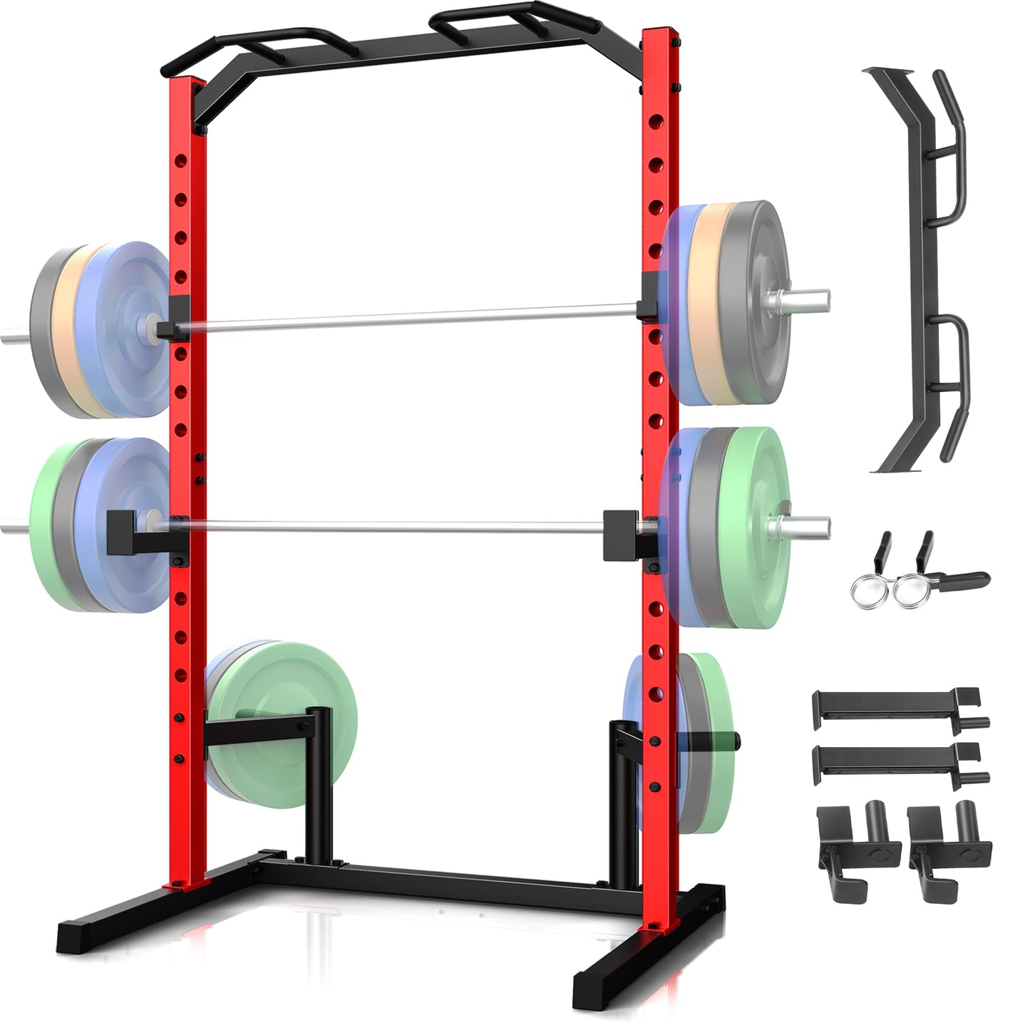 OPPSDECOR Squat Rack, Multi-Function Power Cage Rack with Adjustable Weight Bench, Squat Rack with Pull-up Bar, J-Hooks, More Training Attachment for Home Gym