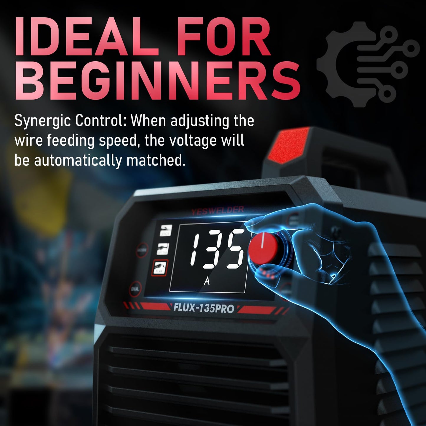YESWELDER 135A MIG Welder, 110V Flux Core Gasless MIG/Lift TIG/Stick 3-in-1 Synergic Control LED Display Welding Machine, Bonus Flux Core Wire