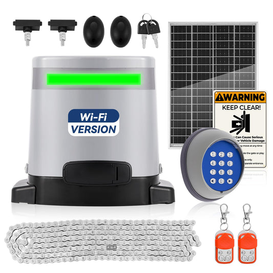 1300lbs Solar Sliding Gate Opener Chain Drive with Built-in Backup Battery, WiFi Remote Control, IR Sensor, Keypad, Automatic Gate Motor, Off-Grid Operation with Solar Panel