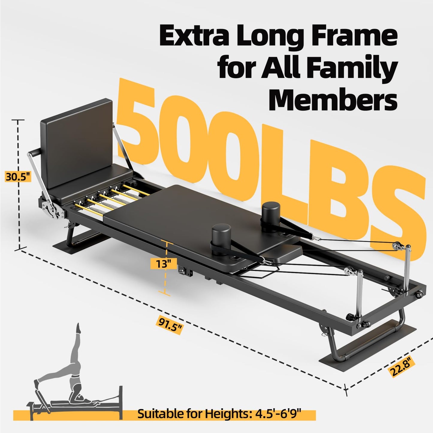 Buytime Pilates Reformer, 91" Foldable Pilates Reformer Machine with Jump Board & Dual Resistance, Reformer Pilates Machine for Beginners and Advanced Users, Up to 500 lbs Weight Capacity, Black