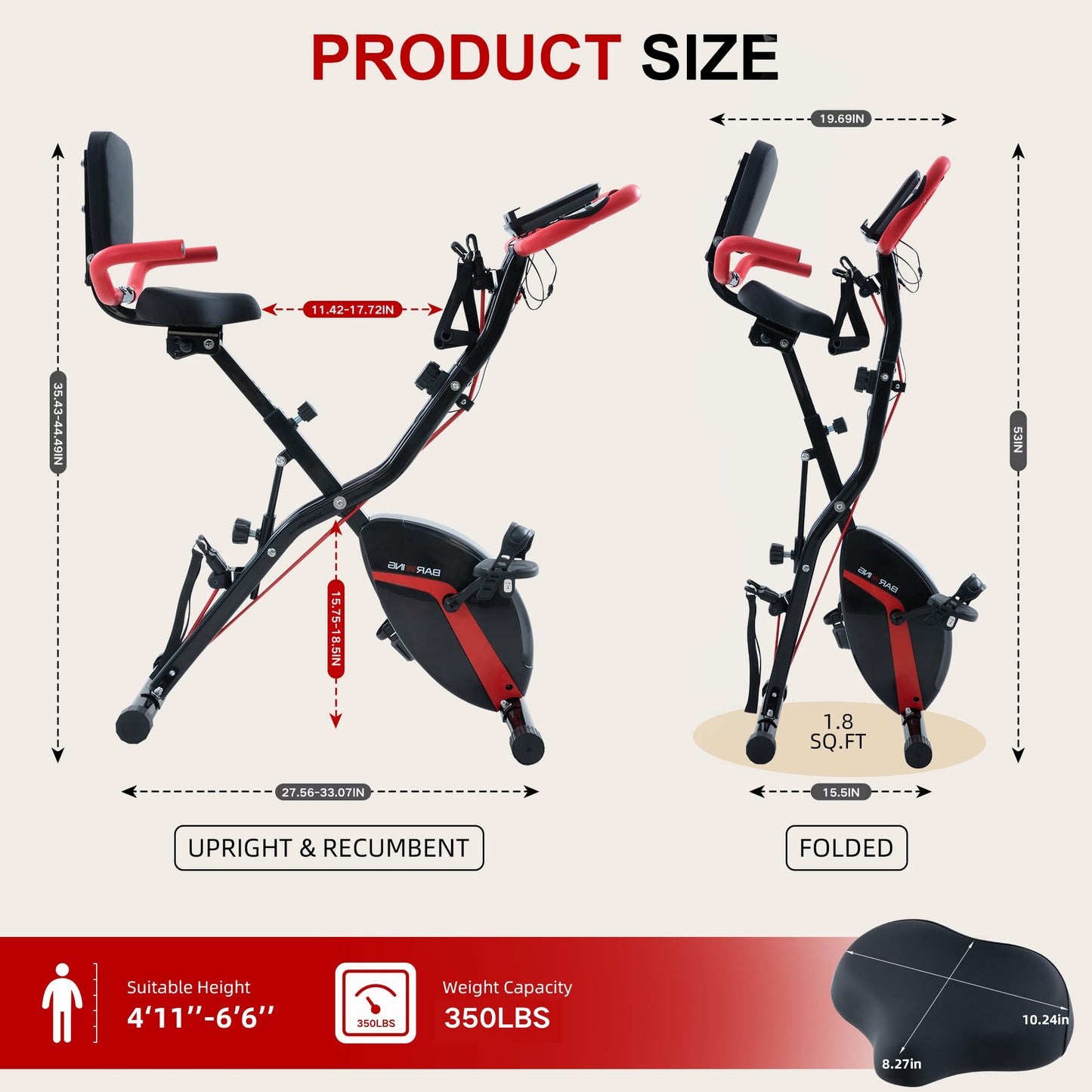BARWING Stationary Exercise Bike for Home Workout, 5 IN 1 Foldable Indoor Cycling Bike for Seniors, 350LB Capacity, 16-Level Magnetic Resistance, Comfortable Seat Backrest