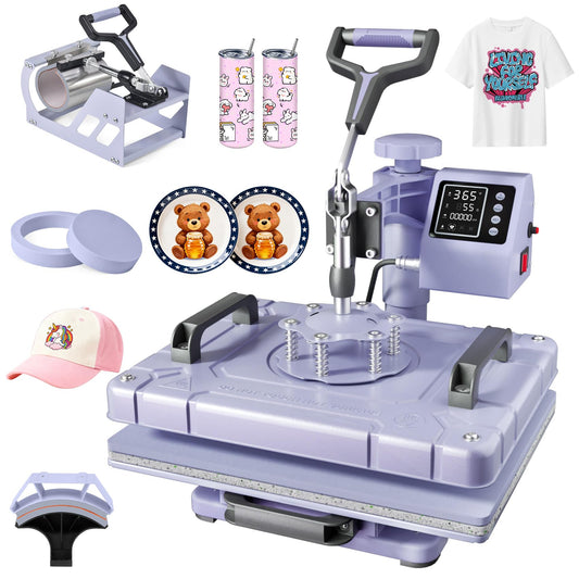 Seeutek 5 in 1 Heat Press Machine 12x15 Inch, 360° Swing Away Sublimation Heat Transfer Press with Mug, Hat & Plate Attachments for T-Shirts, Lavender