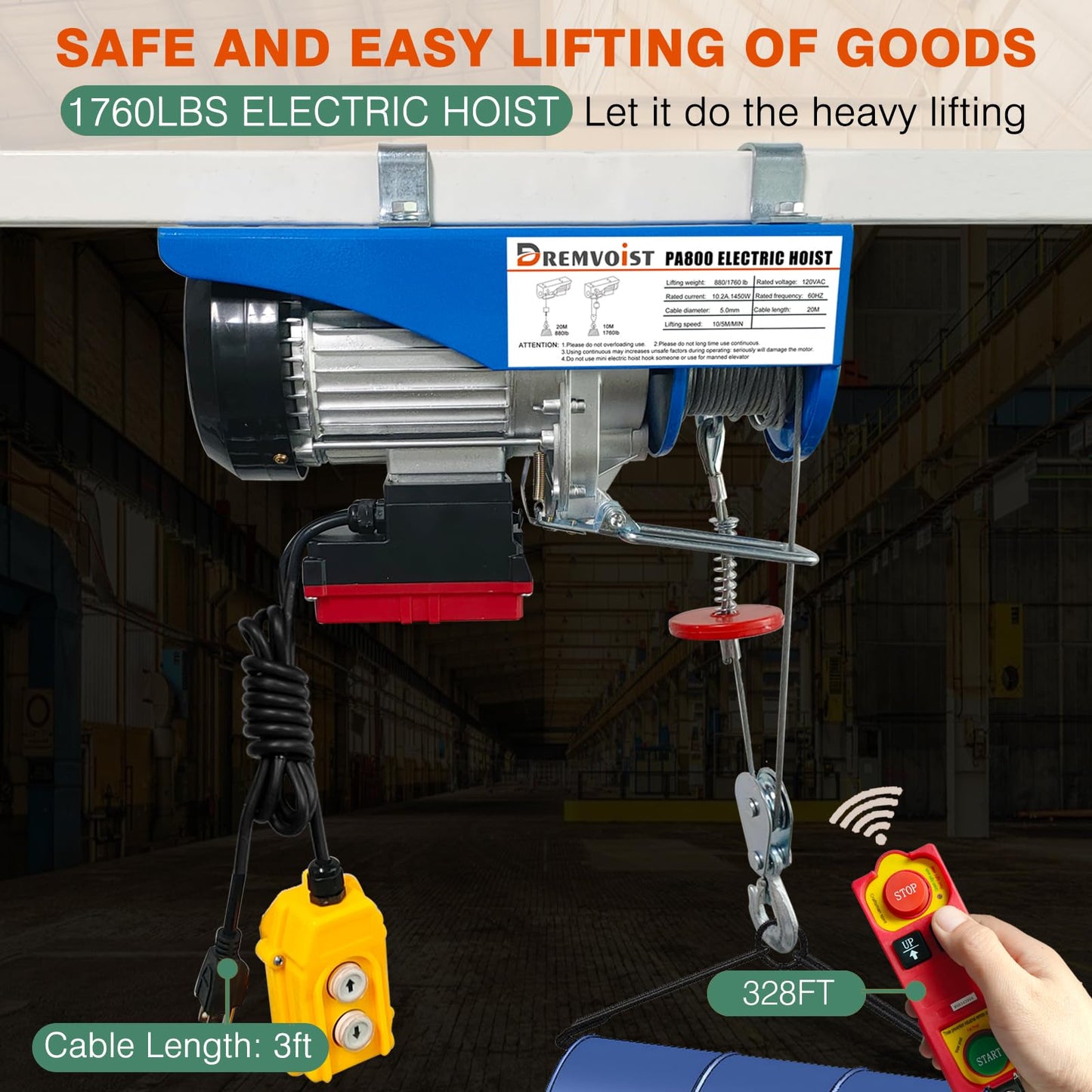Dremvoist Electric Hoist with Remote Control,1760lbs Electric Hoist 110 Volt,Electric Hoist Winch Wireless/Wired 2 in 1,33/66FT Lifting Height,for Factories,Garage,Warehouses, Construction Site