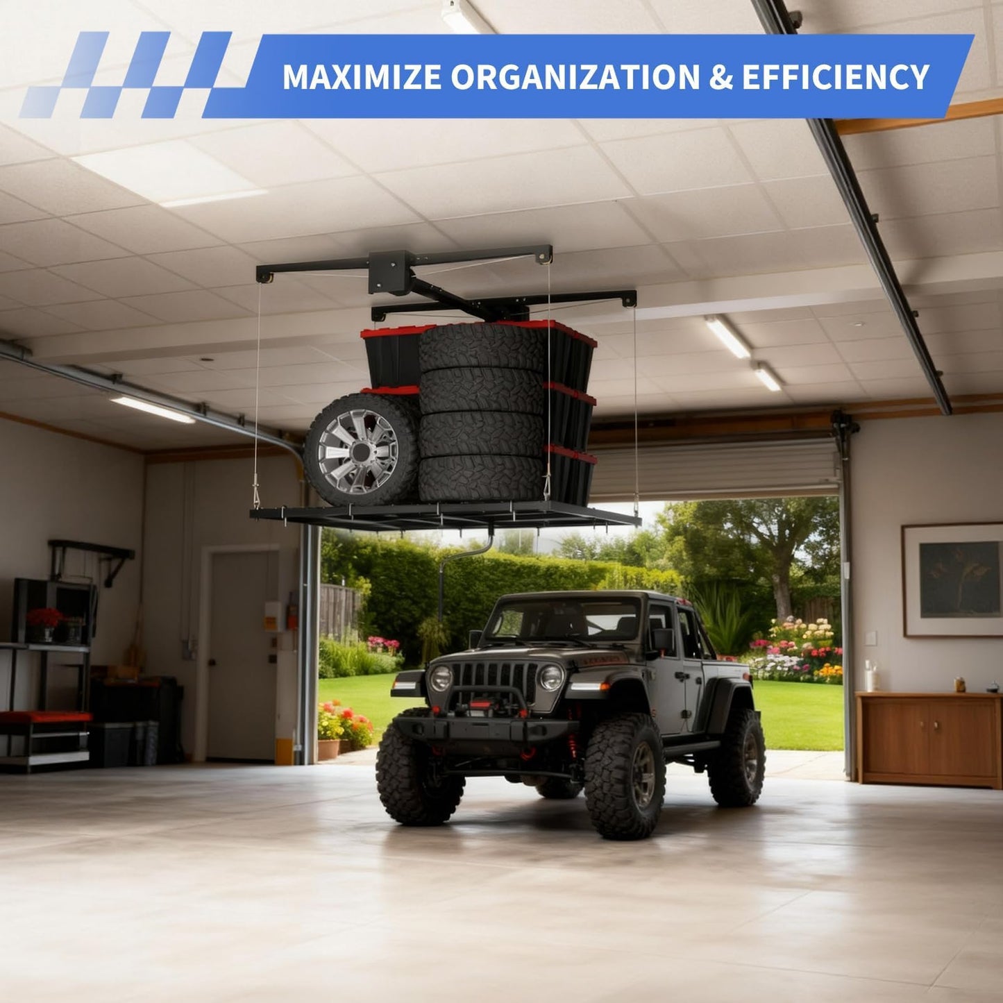 MilleLoom Garage Ceiling Storage Racks 4x4 ft, Manual Hand Crank Overhead Garage Storage Rack Lift, Heavy-Duty Carbon Steel Ceiling Mounted Storage Rack, Adjustable Height, 350 Lb Capacity