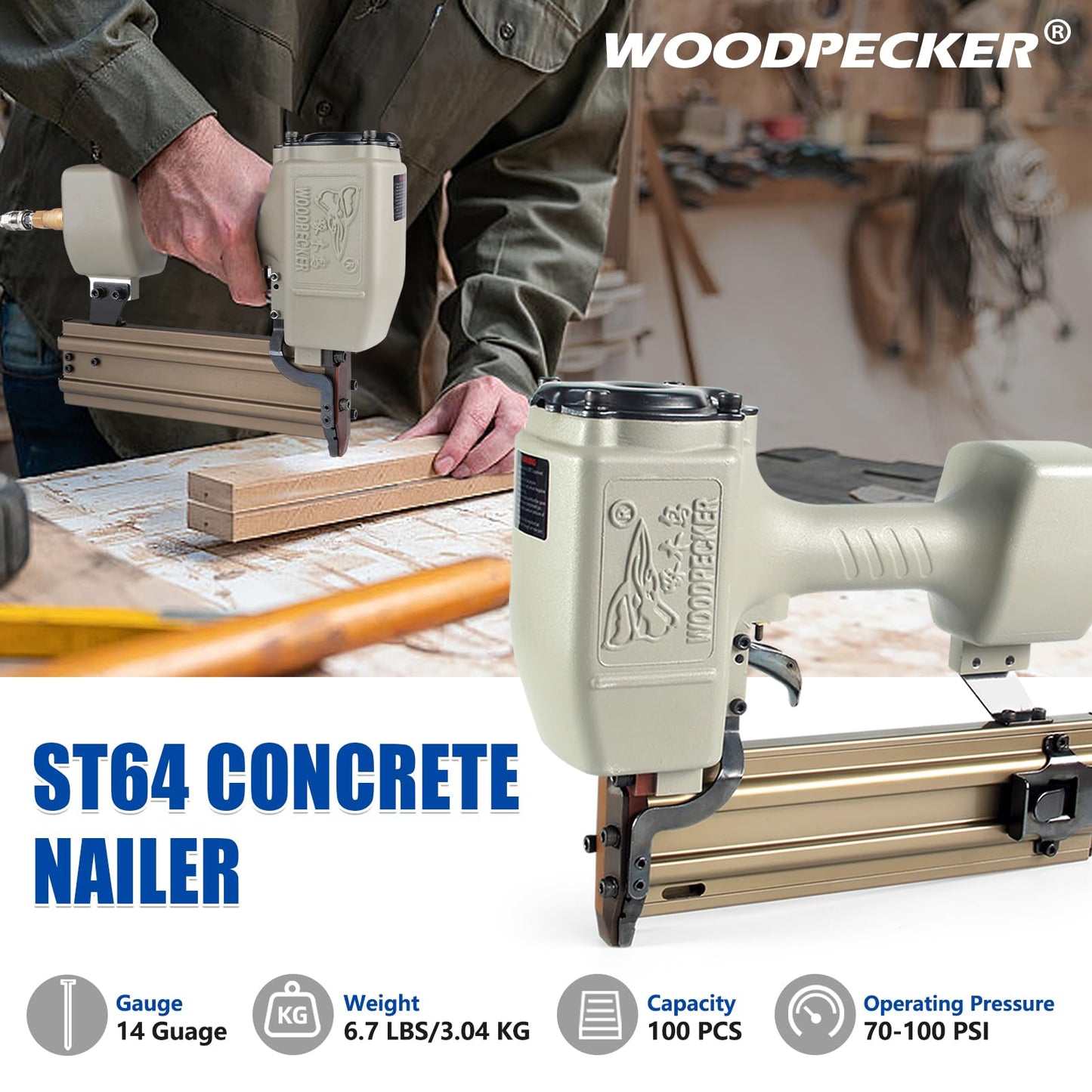 WOODPECKER ST64 Pneumatic Concrete T Nailer Kit with 2-Inch (50mm) T Nails × 800PCS