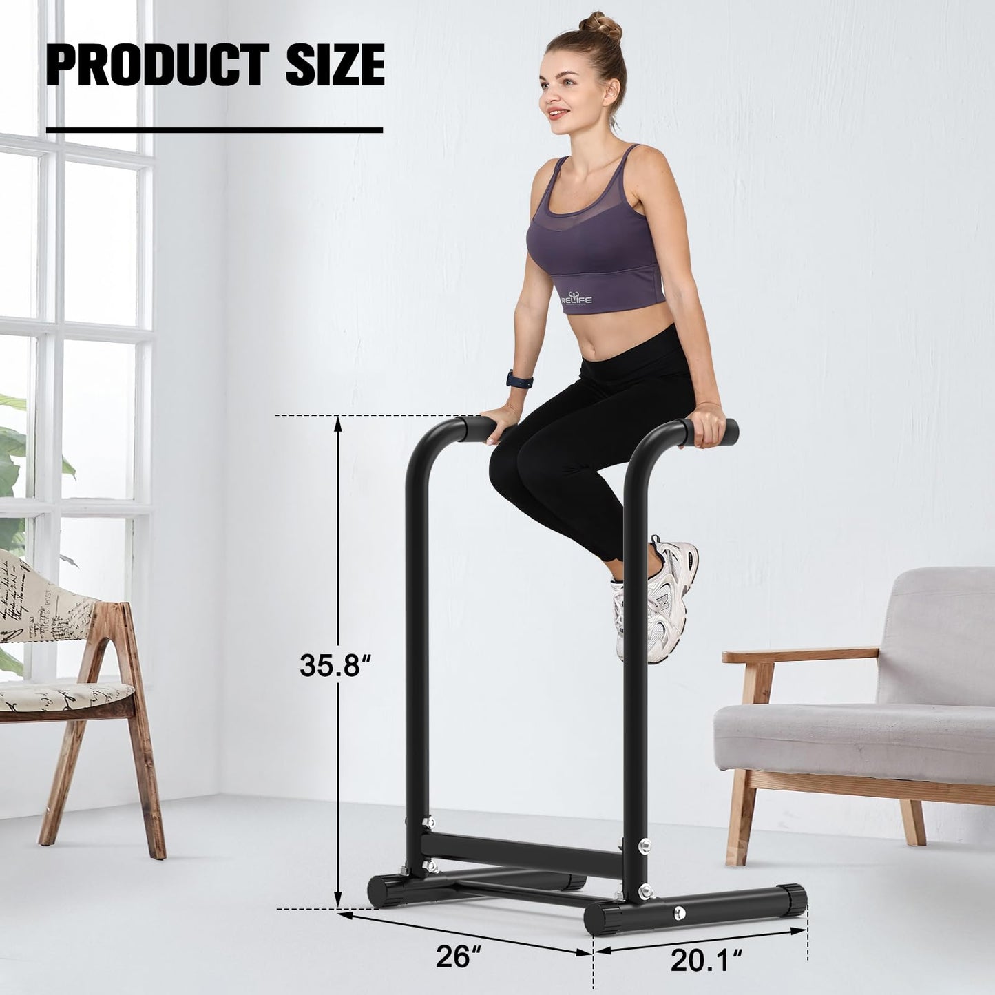 RELIFE REBUILD YOUR LIFE Dip Station Functional Heavy Duty Dip Stands Fitness Workout Dip bar Station Stabilizer Parallette Push Up Stand (Black-02)
