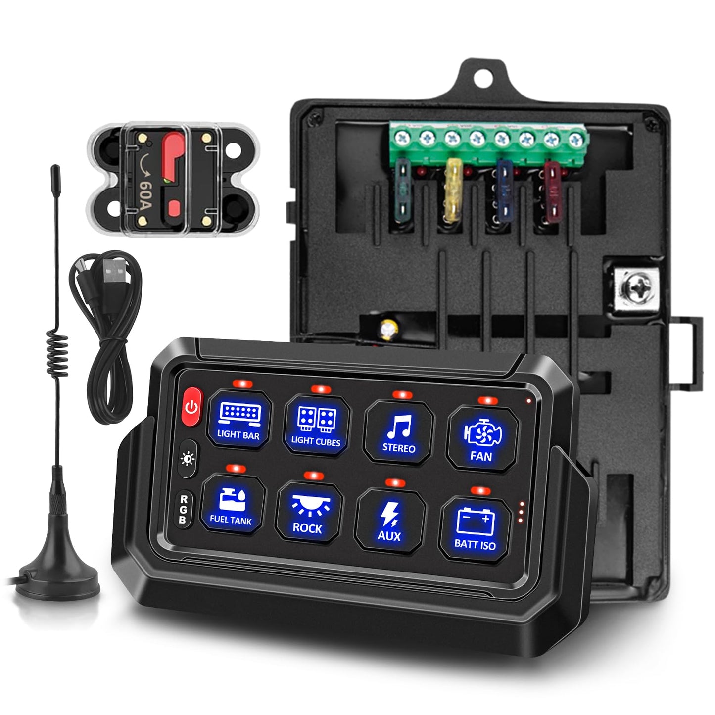 Chelhead Wireless Switch Panel 12V 8 Gang Remote Control Range 165FT RGB Waterproof Multifunction Toggle Momentary Strobe Circuit Control Relay System Box for Off Road Truck SUV UTV RV