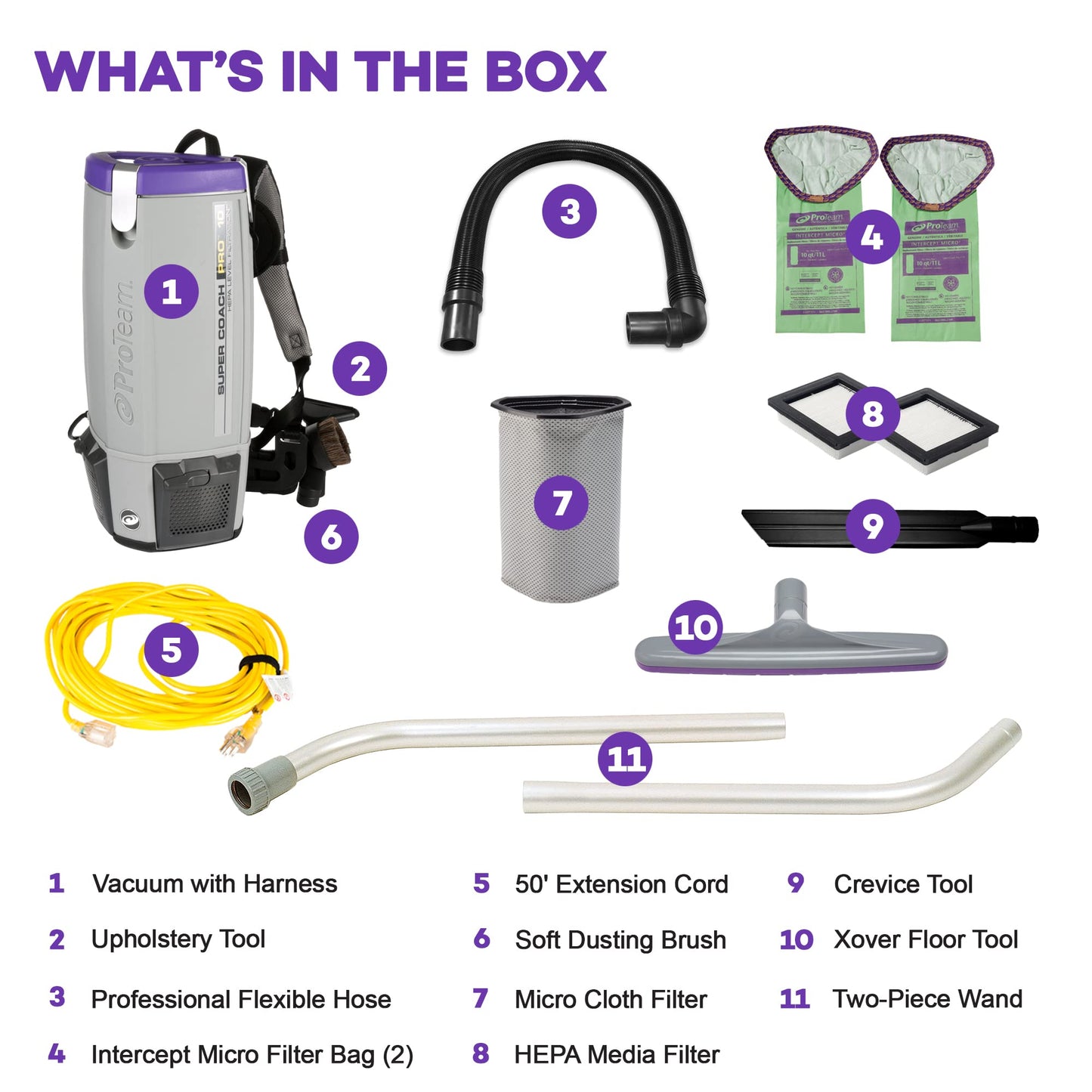 ProTeam Super Coach Pro 10 Backpack Vacuum Commercial with 2 Piece Wand Tool Kit, 10 Quart, Corded,107304