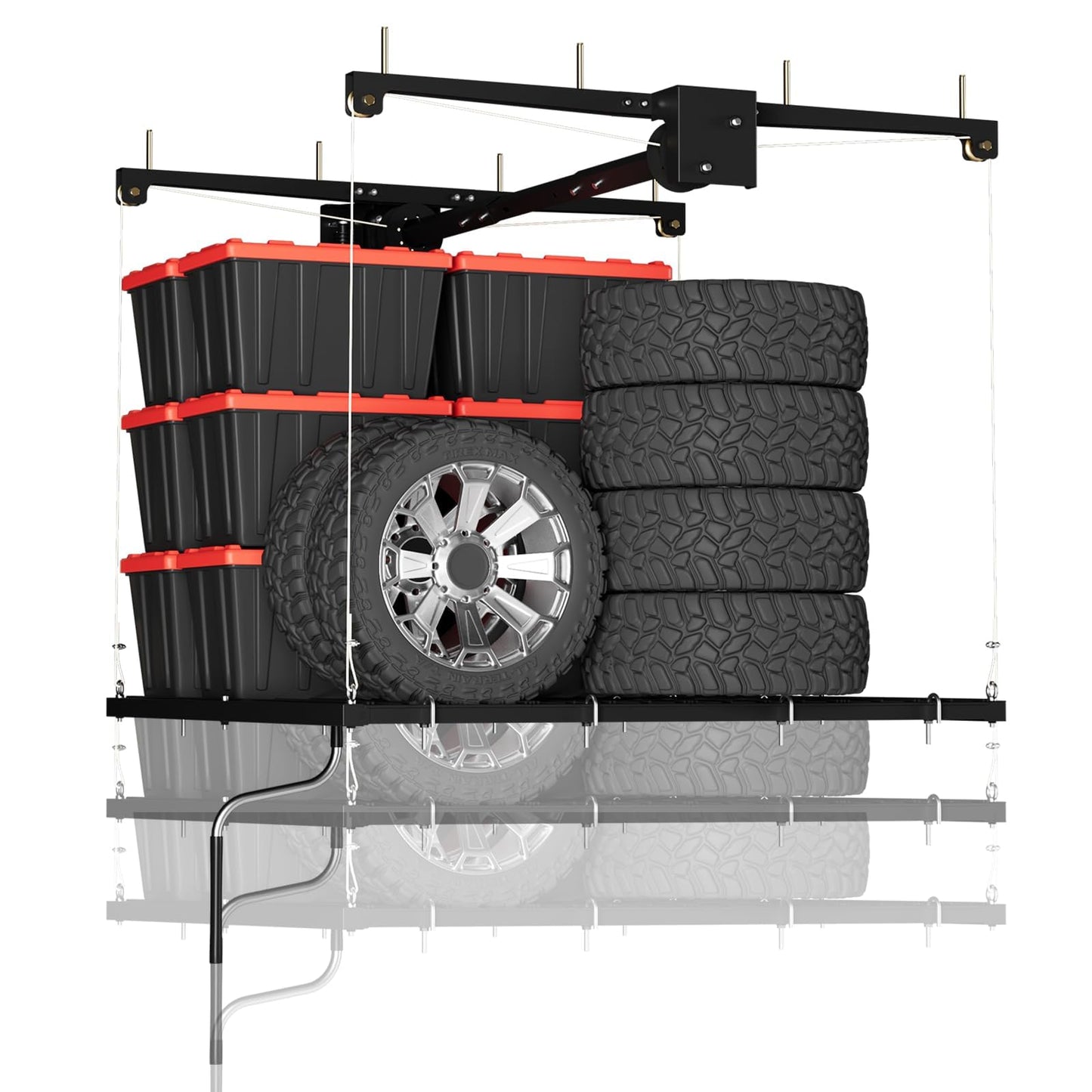 MilleLoom Garage Ceiling Storage Racks 4x4 ft, Manual Hand Crank Overhead Garage Storage Rack Lift, Heavy-Duty Carbon Steel Ceiling Mounted Storage Rack, Adjustable Height, 350 Lb Capacity