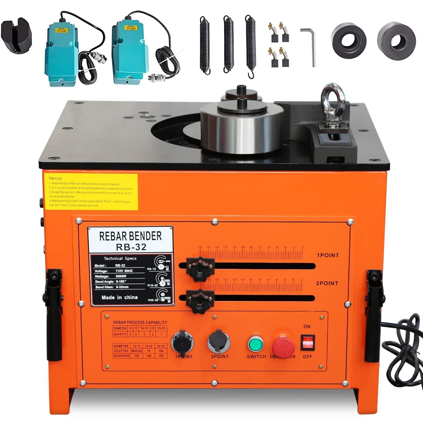 3000W Electric Rebar Bender, 6-7 Seconds Fast Bending Machine, 0-180° Accurate Portable Rebar Bender for 1/4 inch to 1.3 inch Steel Bar