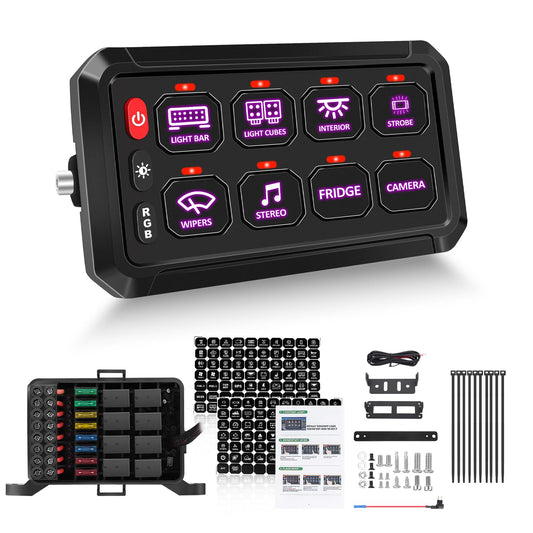 Chelhead 8 Gang RGB Switch Panel 12V Switch Toggle Momentary Pulsed 8 Circuit Control Relay Waterproof Compatible with Bus Car UTV ATV SUV Jeep Golf Cart Off-Road