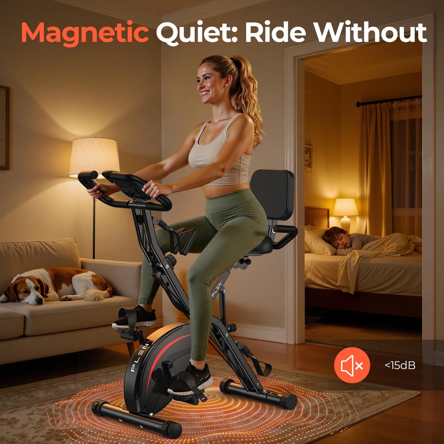 Pleny Folding Exercise Bike, 5 IN 1 Stationary Bikes for Home 6.6 LBS Flywheel, 330LB Weight Capacity Back Support Cushion Indoor Workout Cycling Bike for Home Gym, Black-red