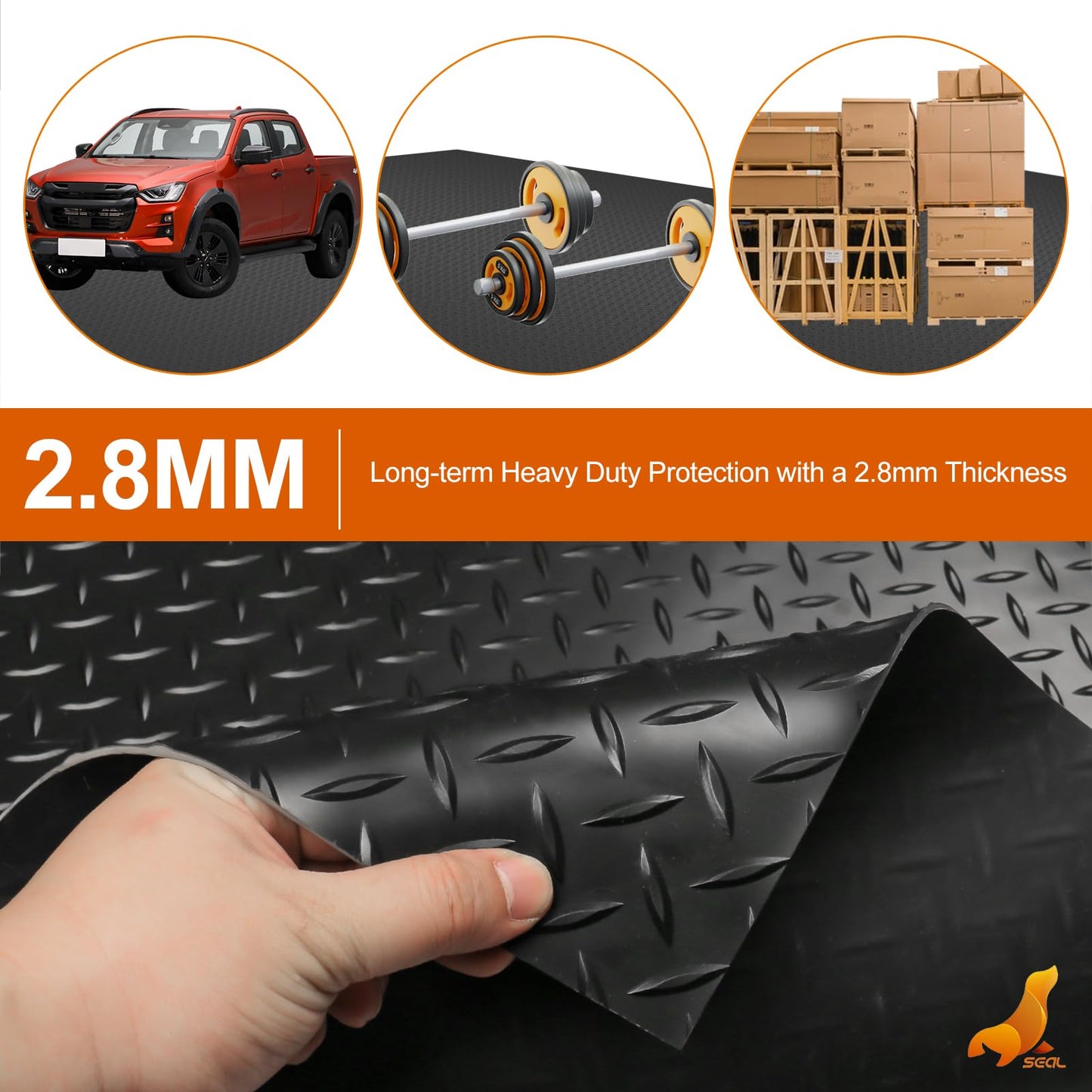 SEAL 5 x 10 FT Premium Garage Floor Mat, Solid 2.8mm Thick Lay-Flat Black Commercial Grade Heavy Duty Parking Mat for Golf Cart, Workbench, ATV, Water/Stain Resistant Runner (Embossed Diamond Plate)