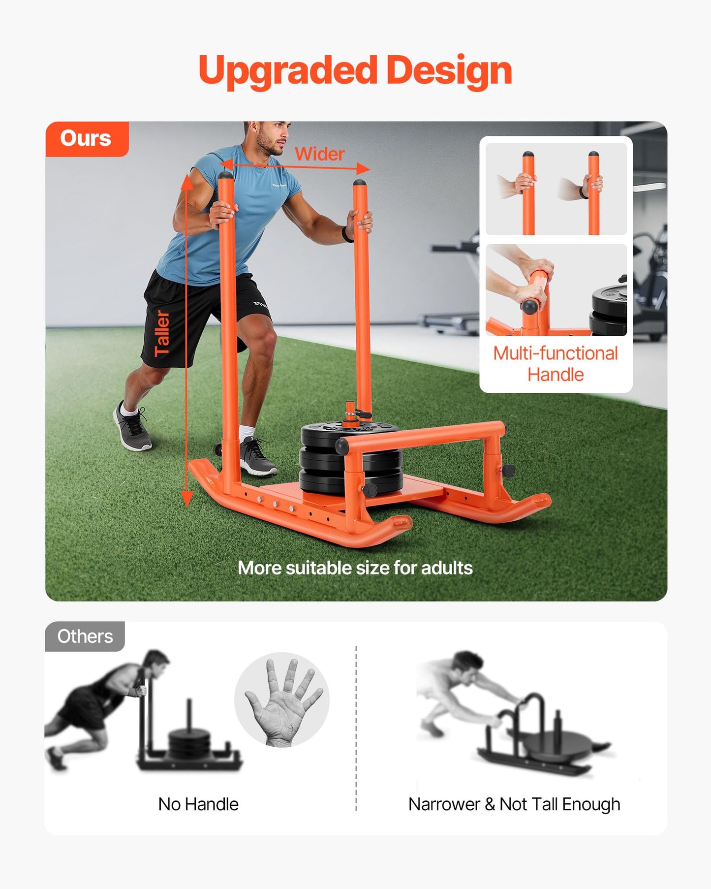 VEVOR Weight Sled, Fitness Strength Training Pull Push Running Sled, Fitness Workout Sled Push Gym Equipment, with Handle, Compatible 1/2 in Weight Plates, Orange, Football Sleds and Chutes