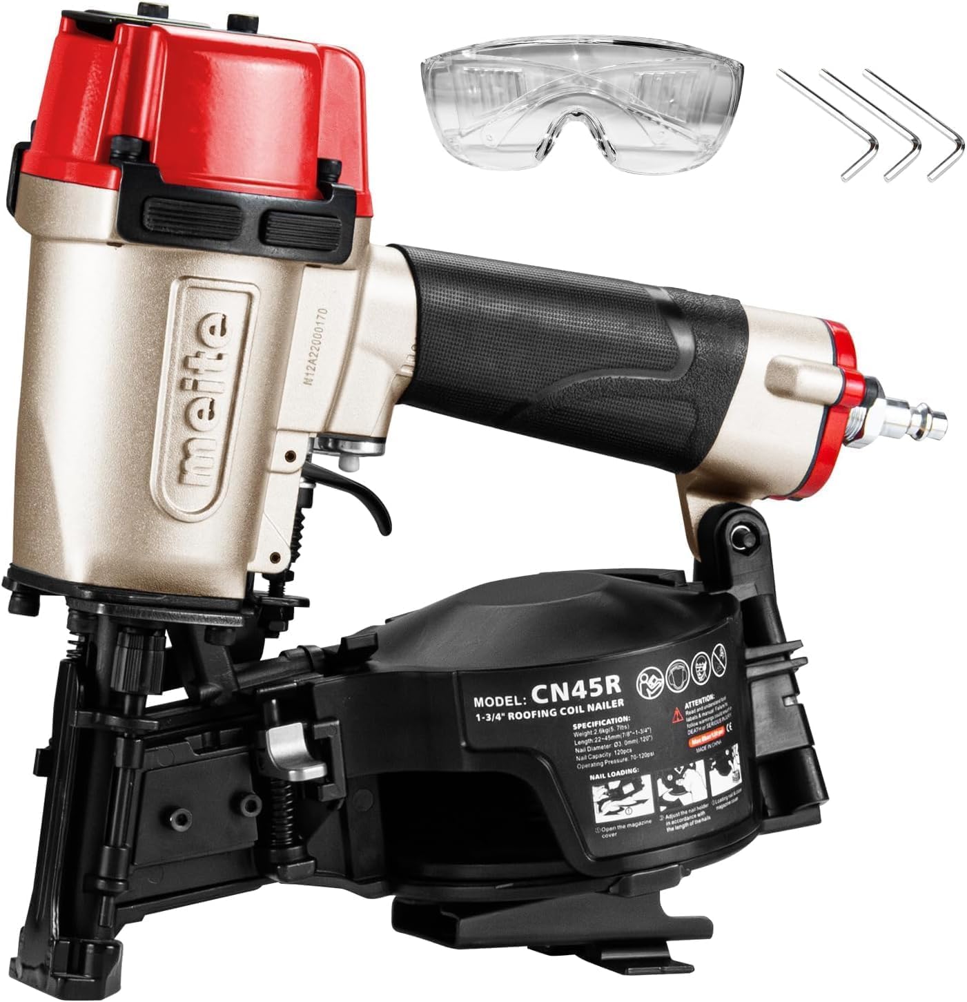 meite CN45R Coil Roofing Nailer Kit with 1-1/4-Inch Coil Roofing Nails, 15 Degree Pneumatic Roofing Nail Gun for Asphalt Shingles Underlayment Decking Roof Repair, 2,880PCS