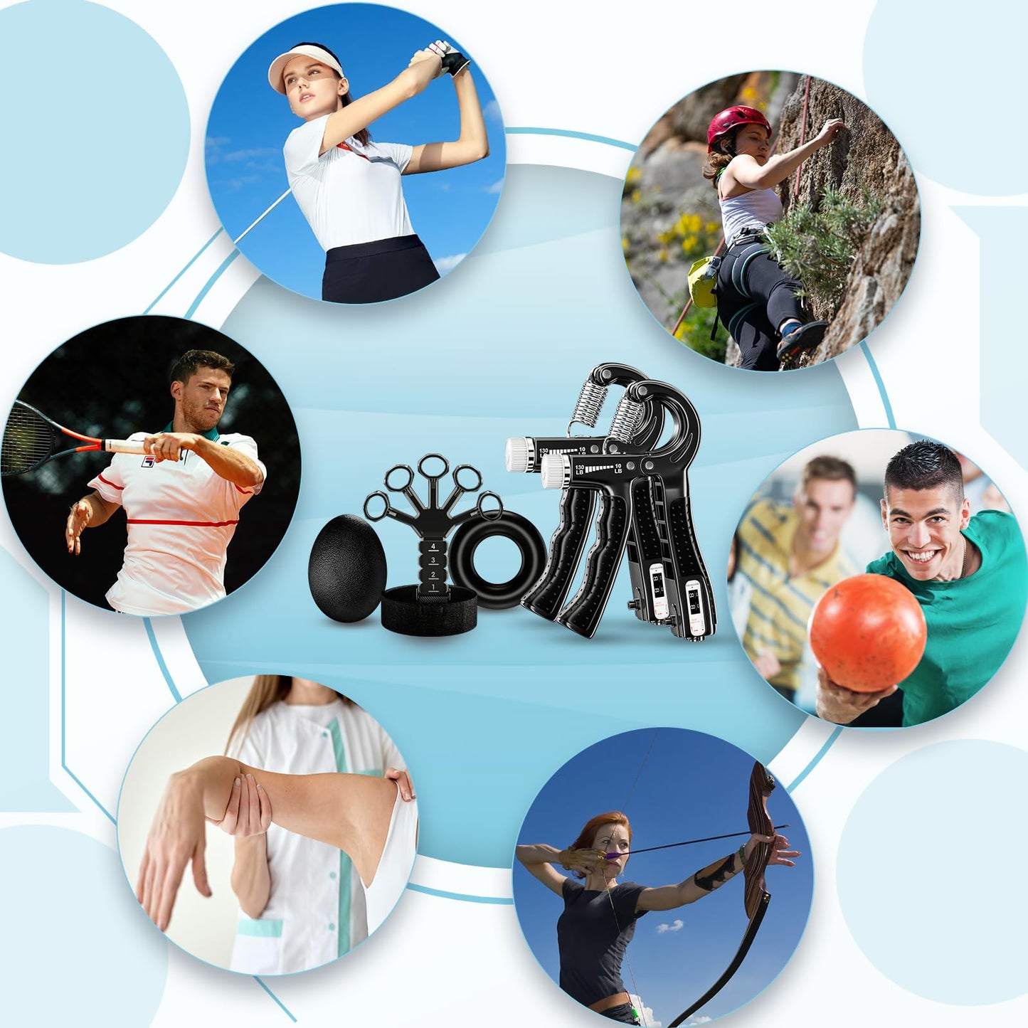 Acotant Grip Strength Trainer(5 Pack) with Finger Exerciser, Hand Grip Strengthener, Finger Stretcher,Grip Ring & Stress Relief Ball for Muscle Building and Injury Recover with Carry Bag