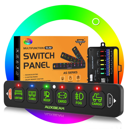 Auxbeam 6 Gang Slim Switch Panel RGB AS-R60 Toggle Momentary Pulsed Dimmable Backlight Multifunction Switch Panel with Memory Function for 12-24V Truck Offroad Car Marine Waterproof, 3 Years Warranty