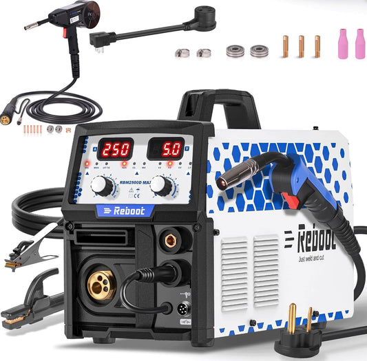 Reboot RBM2500D MAX 180A 5-in-1 MIG Welder with Spool Gun Compatible for Aluminum, Lift TIG, MIG Gas/Gasless, Stick, 120V/240V Dual Voltage Multiprocess Welding Machine