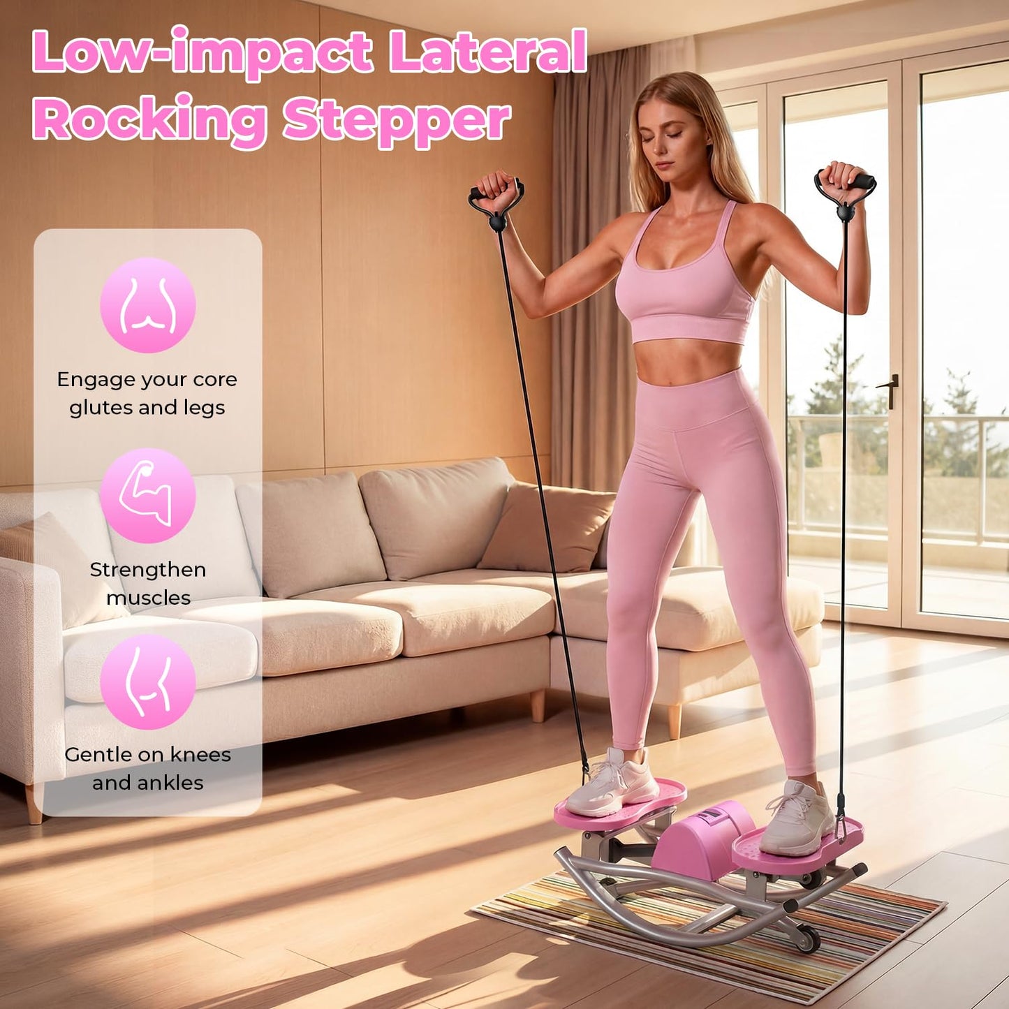 Rock Stepper,Rocking Stepper with Resistance Bands, 3D Side-to-Side Motion Mini Stepper for Women Home Workout, Low Impact Lateral Step Machine with Non-Slip Mat and Digital Counter, 250lbs Capacity