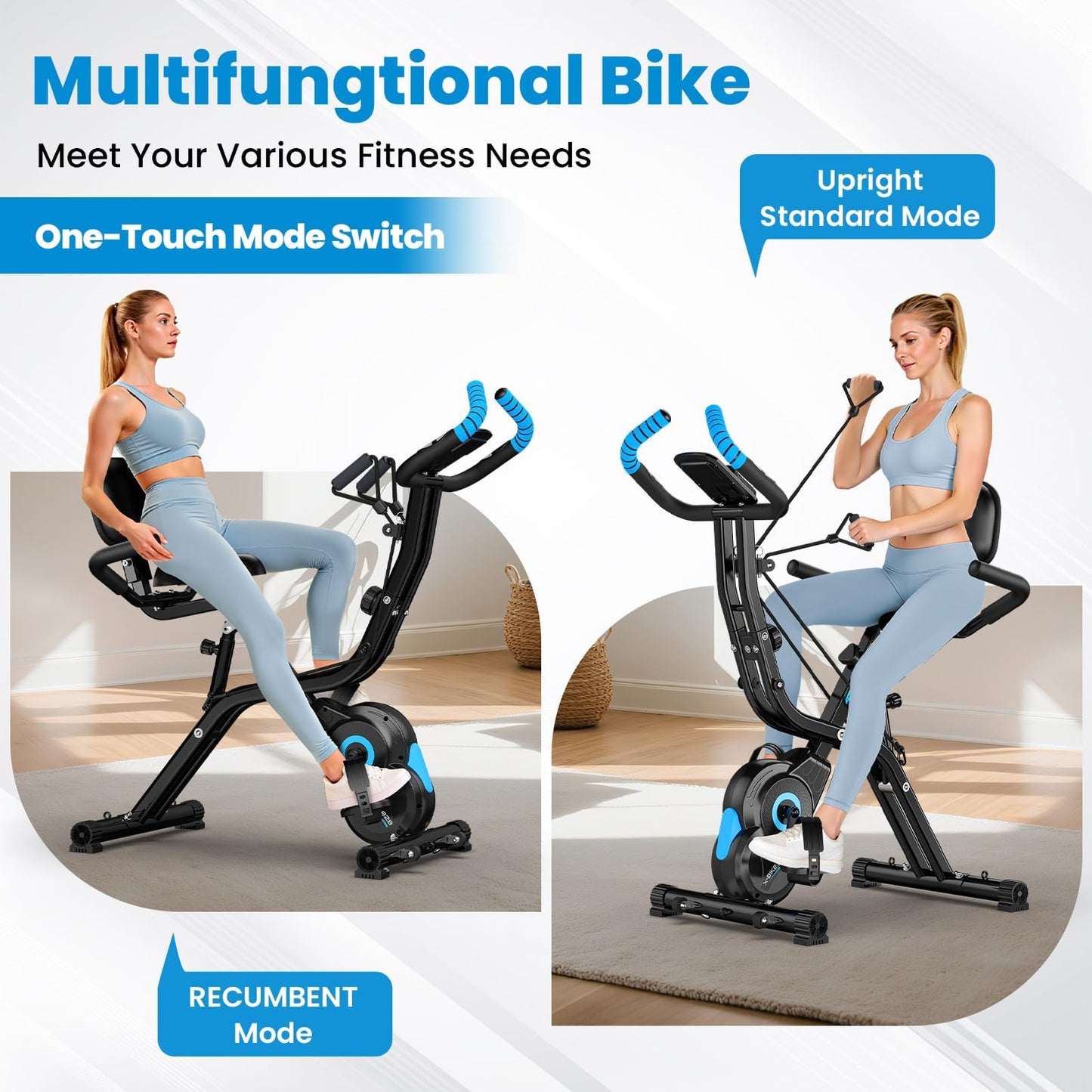 Birdfeel Foldable Exercise Bike, Multifunctional Indoor Stationary Bikes for Home with 8-Level Magnetic Resistance, Quiet Workout Bike with Arm Resistance Bands, LCD Monitor, 300LBS Capacity (Midnight Black)