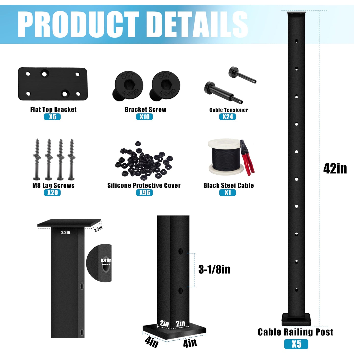 Patavin 20FT 42" Complete Black Cable Railing Post Kit 5 line Post Kit -Cable Railing System for Deck Easy DIY (No Handrail)