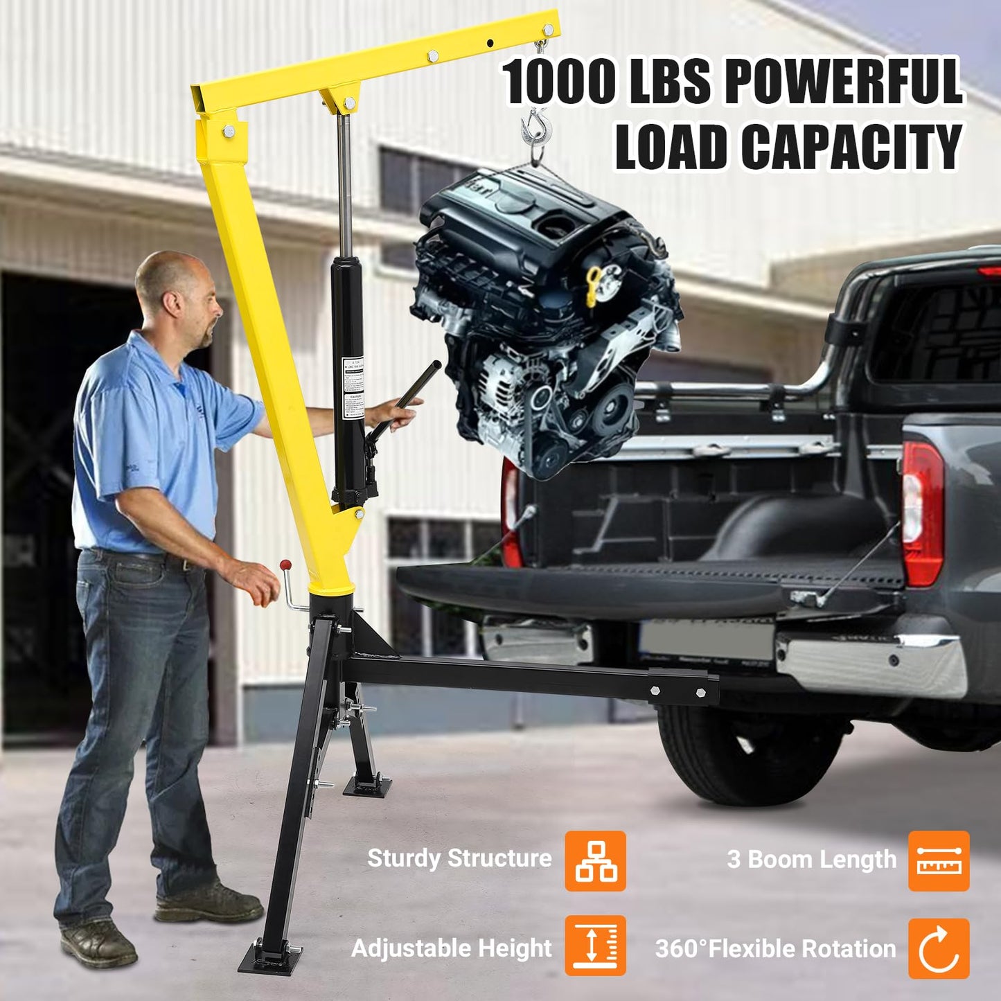 MERXENG Hydraulic Pickup Truck Crane, 1000 lbs Capacity, 360°Swivel, Hitch Mounted Crane with 3 Adjustable Capacities of 500 Lbs, 750 Lbs and 1000 Lbs for Lifting Goods in Construction, Industry