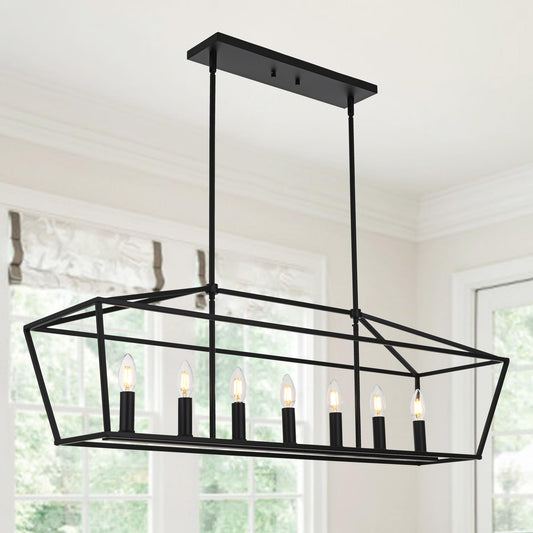 MELUCEE 7-Light Dining Room Light Fixtures Over Table, Farmhouse Chandelier Light Fixture Black Industrial Linear Pendant Lights Kitchen Island Candle Lantern Chandelier, E12 Base
