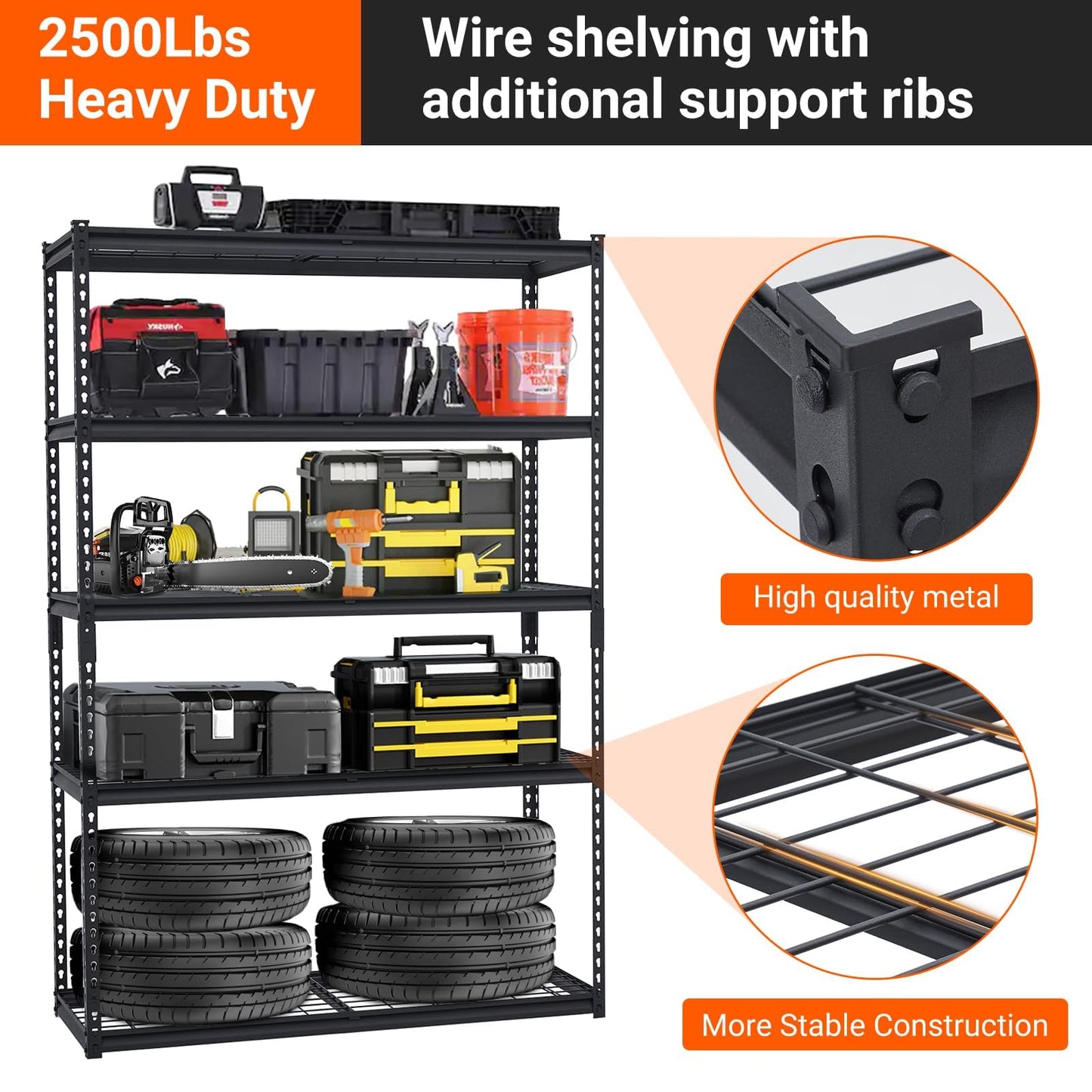 5 Tier Shelving Unit for Garage Organization-Heavy Duty Industrial Wire Shelving Rack, 2500Lbs Metal Storage Racks, Multifunctional Utility Shelf for Garage, Office, Kitchen