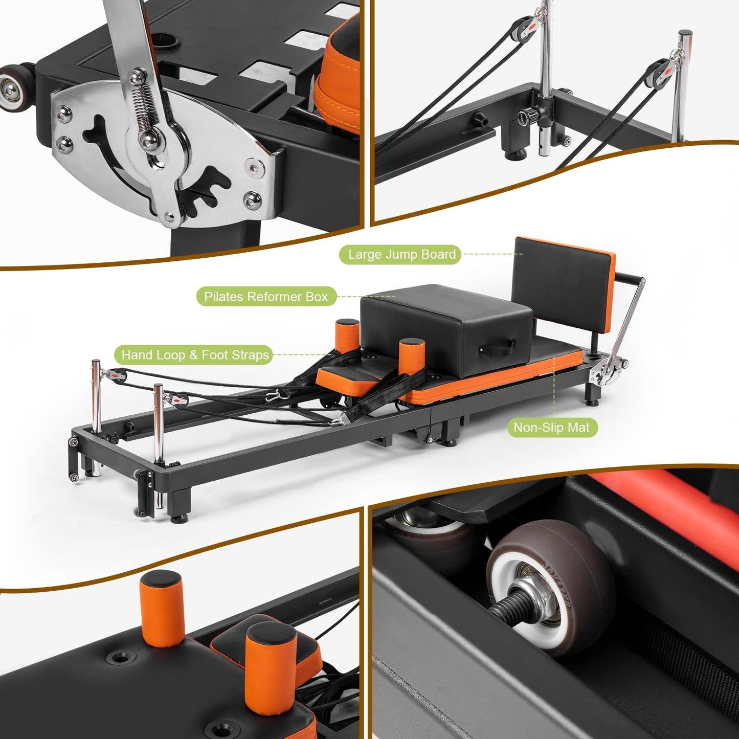 Pilates Reformer, Foldable Pilates Machine for Home Use and Gym Workout, Suitable for Advanced and Beginners Users,Pilates Equipment with Sitting Box, Jump Board ,Up to 500 LBS