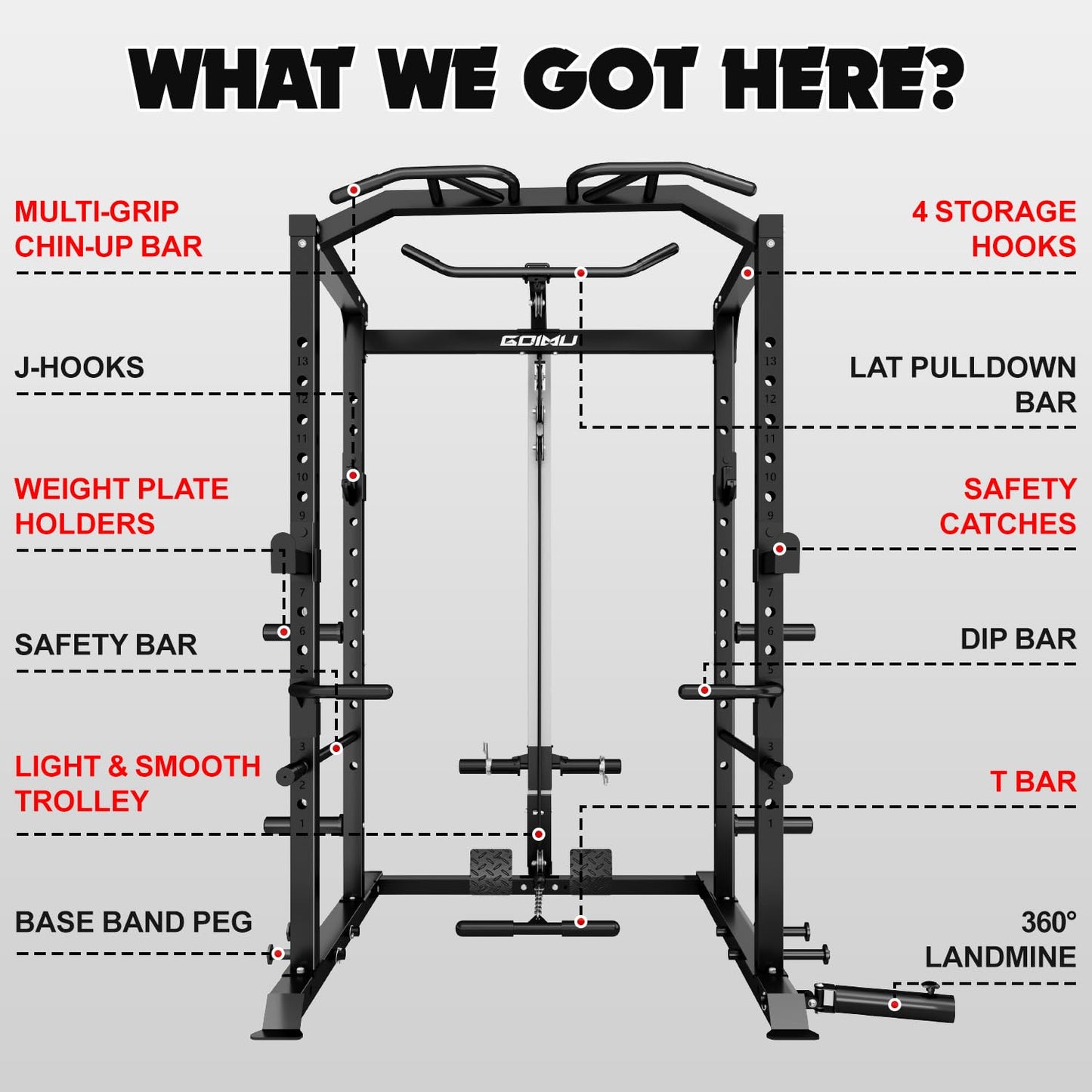 Goimu C1-V4 Power Cage, 2000LBS Squat Rack with LAT Pulldown, Multi-Function Weight Cage Strength Training Machine, Workout Cage with More Attachments for Home Gym Garage (BK C1-V4)