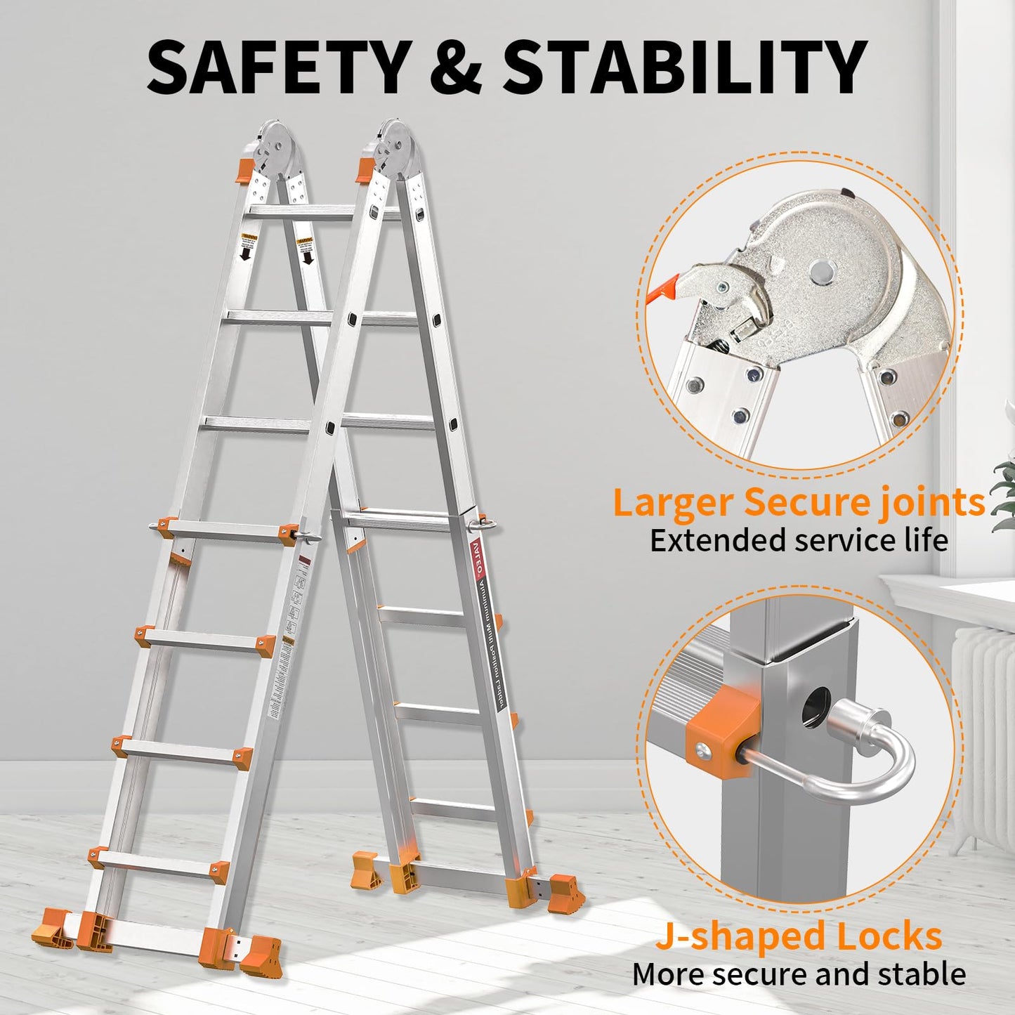 Valeo Ladder 14FT, Multi Position 4 Step Ladder Extension, Anti-Slip A Frame Folding Ladder with Removable Tool Tray, 330lbs Adjustable Telescopic Aluminum Ladders for Stairs Home Indoor Outdoor Roof
