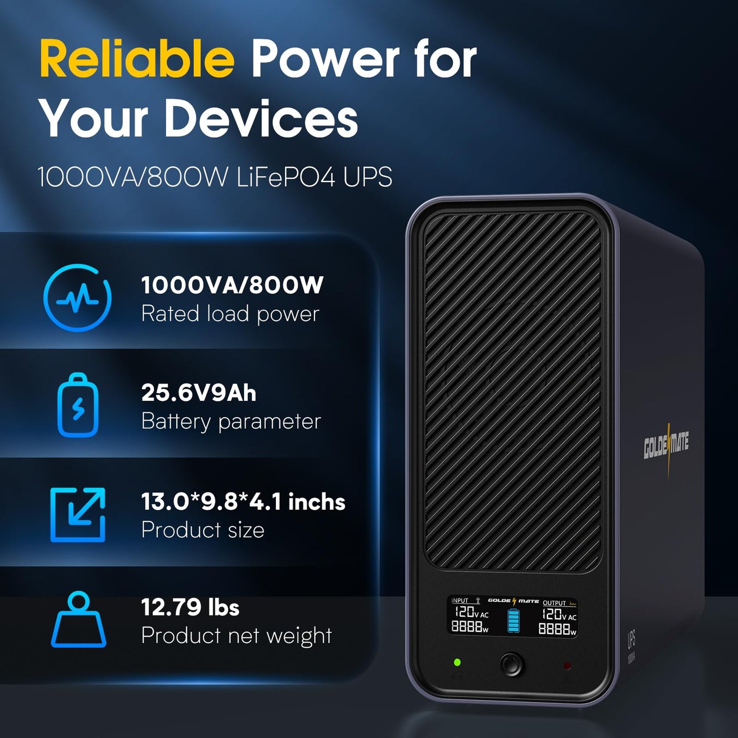 GOLDENMATE 1000VA/800W Lithium UPS Battery Backup & Surge Protector, Backup Battery Power Supply with LiFePO4 Batteries(230.4 Wh), Sinewave UPS System, 10 Years Lifespan, 8 Ports, LCD Display, Gray