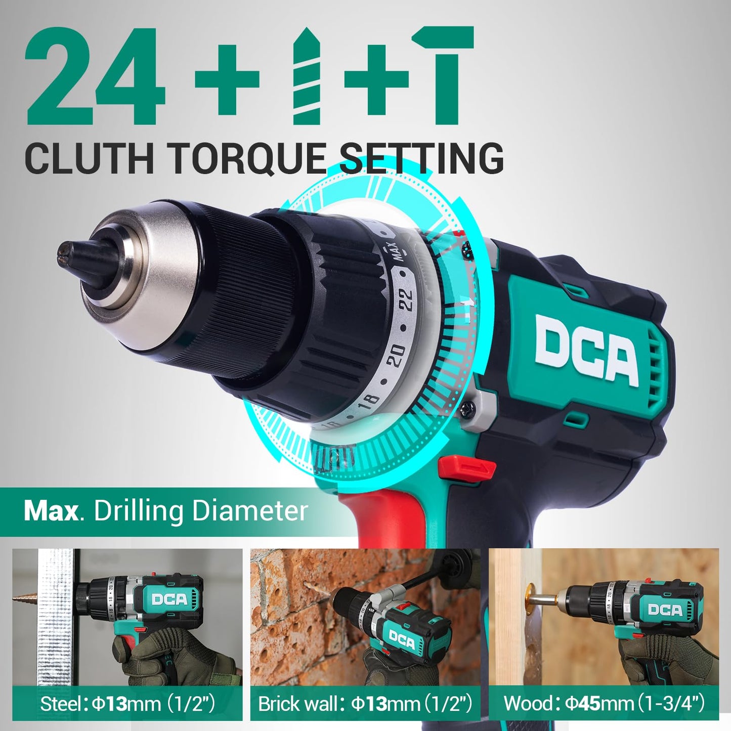 DCA 20V Brushless Hammer Drill, 1062 in.lbs Torque Impact Drill, 1/2" Keyless All-Metal Chuck, 24+1+1 Clutch, 32000 IPM, Heavy-duty Cordless Drill Kit with 2x4.0Ah Battery for Brick Wall, Metal, Wood