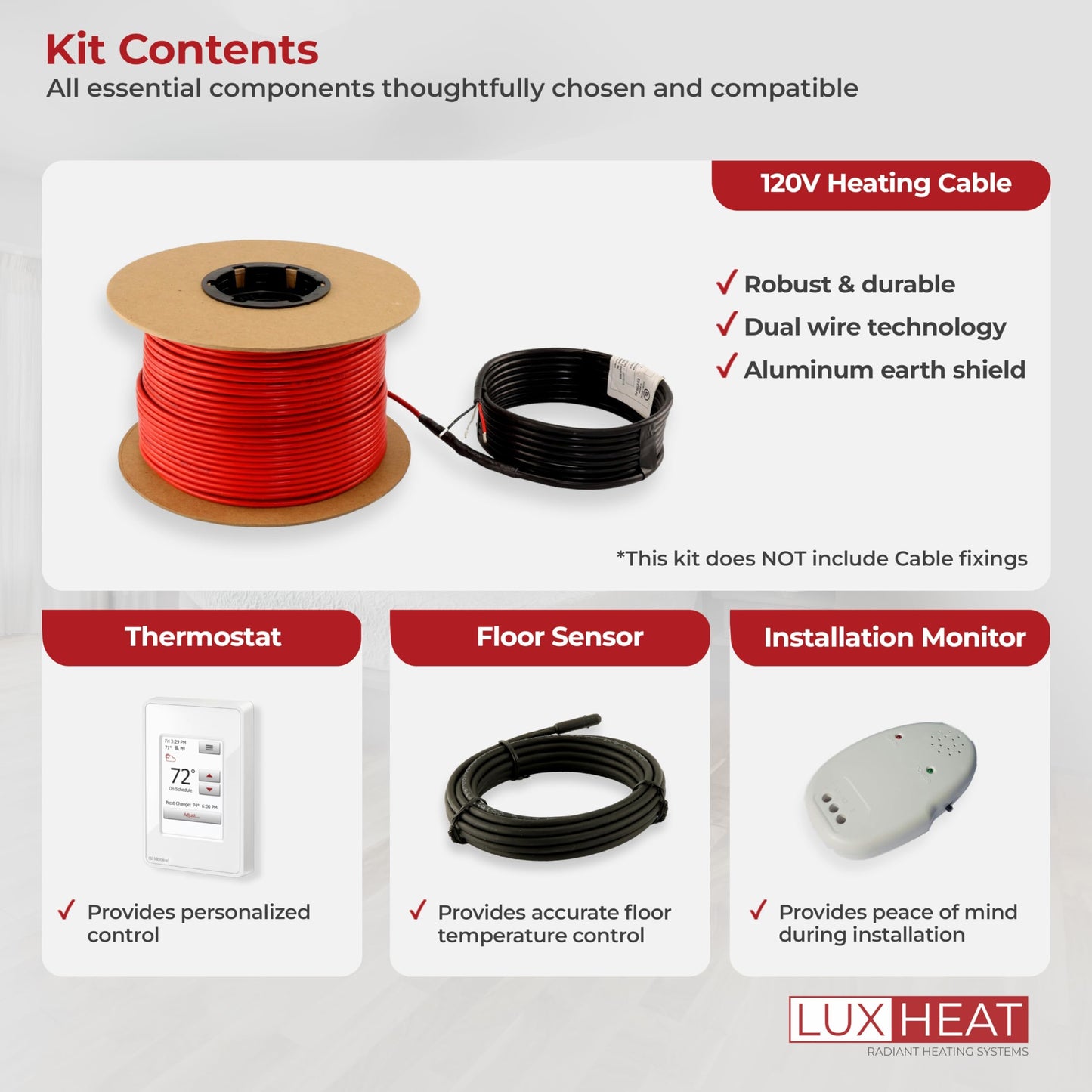 LuxHeat 130sqft Floor Heating Cable Kit - 120v Heated Bathroom Floor Kit - Heated Flooring System Includes UWG4 WiFi Programmable Thermostat w/GFCI, Heating Cable, Alarm & Flooring Sensor