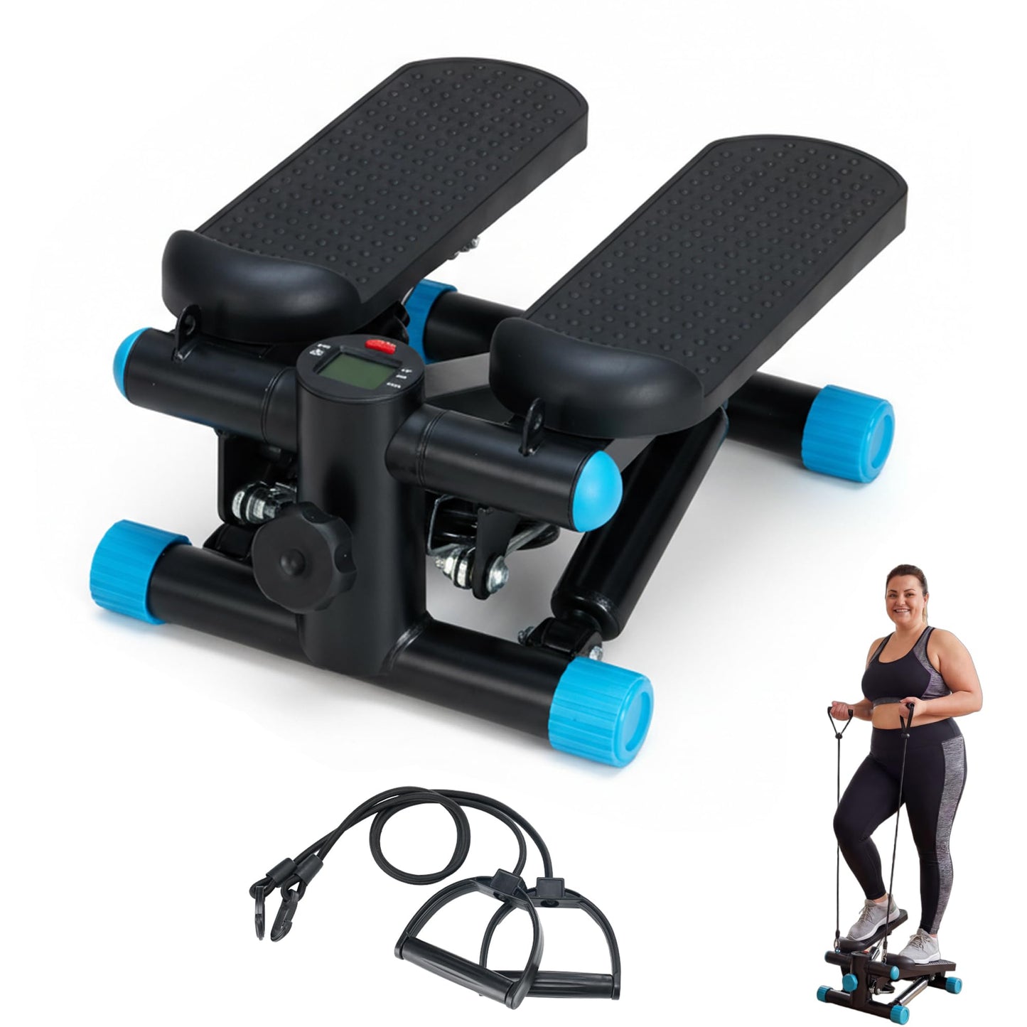 Aidoly Stair Stepper with Resistance Bands for Home Exercise, Mini Stepper Machine for Indoor Fitness, Portable Home Gym Stepper for Full Body Workout, 300LBS Capacity, Black and Blue