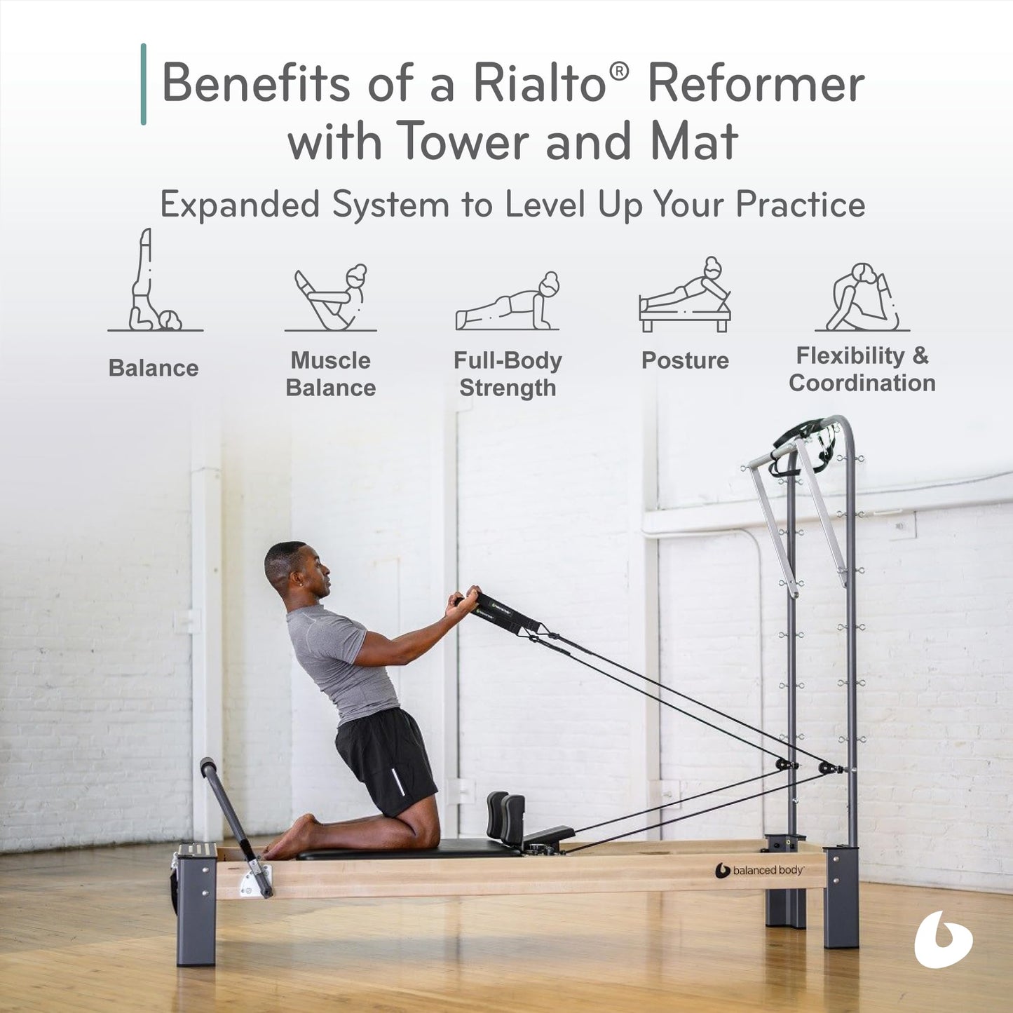 Balanced Body Rialto Pilates Reformer with Tower and Mat Conversion, Pilates Exercise Equipment, Workout Equipment for Home or Studio, Black Upholstery