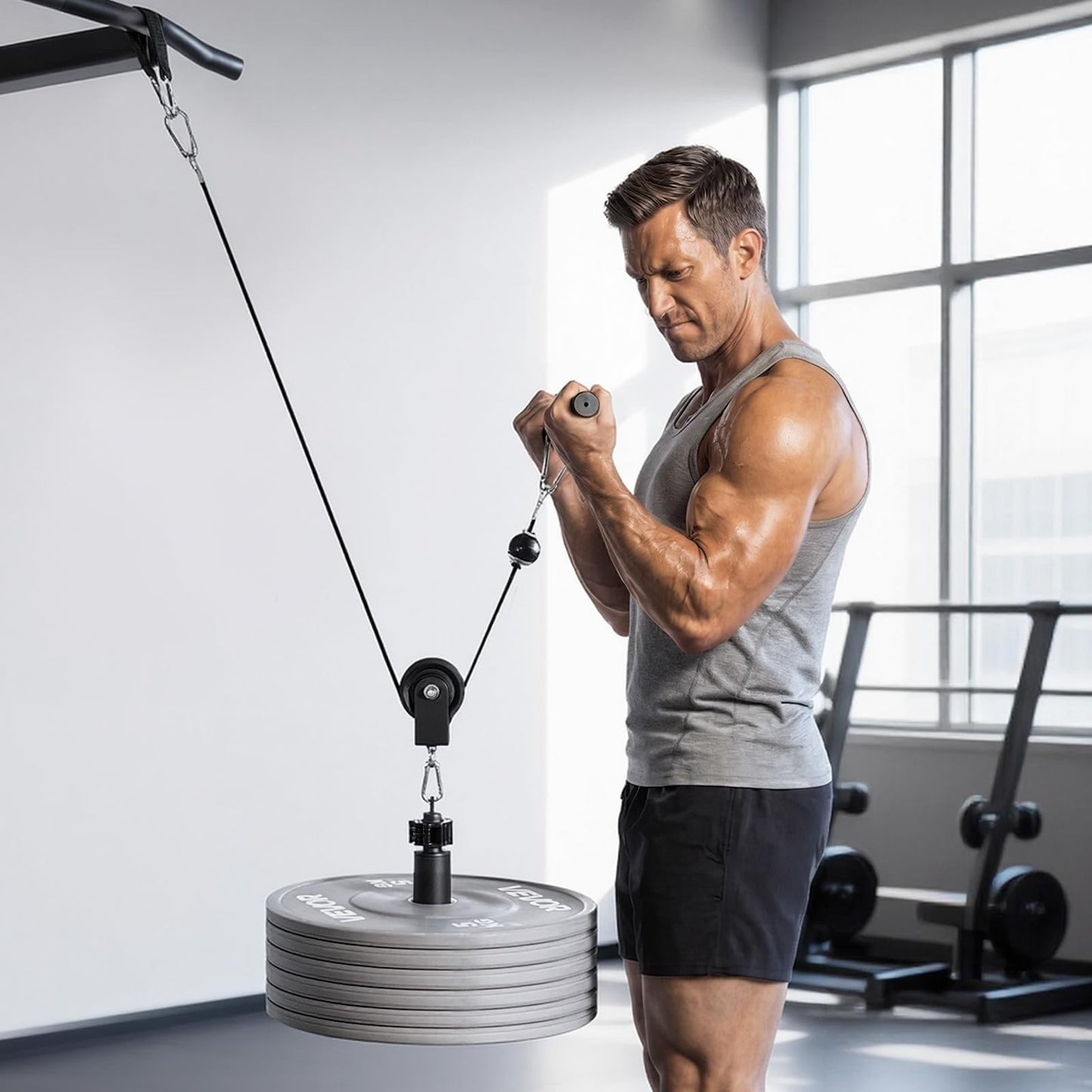 VEVOR Pulley System, 1 PC LAT and Lift Pulley System, Gym Rack Pulleys Attachment with Two Steel Cables, Short Bar, Dual Grip Handles, Cable Machine for Bicep, Shoulder, Back, Up to 280 lbs Capacity