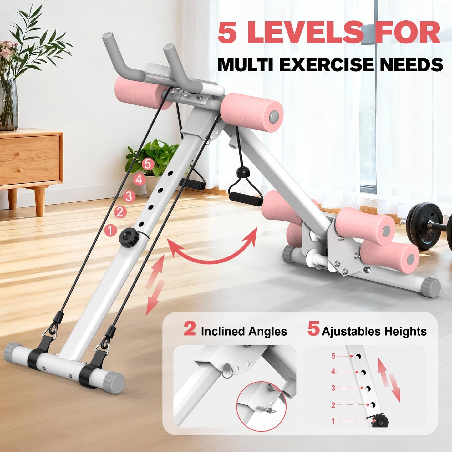 DERACY Ab Workout Machine Adjustable Ab Trainer Abdominal Trainer for Home Gym Foldable Ab Crunch Machine for Core 440 LBS (White)