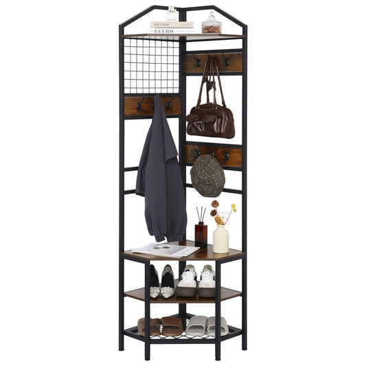 SIMHOMSTOR Heavy Duty Corner Hall Tree Organizer, 3-in-1 Industrial Freestanding Coat Storage Rack with Hooks and 4 Wooden Shelves for Entryway, Black