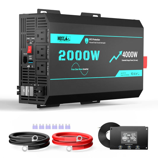 HQST 2000W Pure Sine Wave Inverter with 5s Boost Function, 12V DC to 110V AC Converter with Remote LCD, GFCI Protection, 3 AC Sockets, USB, Surge 4000W, for Solar, Sump Pump, RV, Camping, Off Grid
