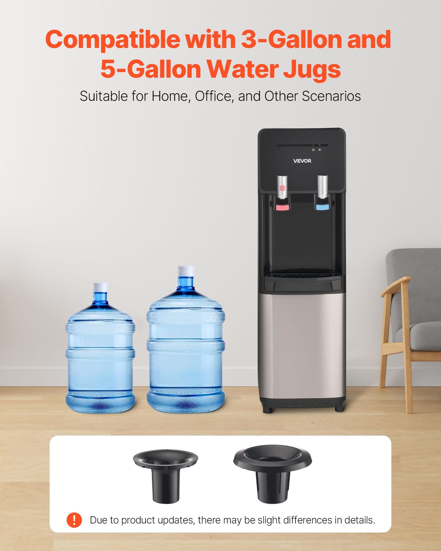 VEVOR Top Loading Water Cooler Dispenser, Hot and Cold Water Dispenser for 3 or 5 Gallons Bottles, Sturdy Stainless Steel and Child Security Lock, Ideal for Homes, Kitchens, Offices, Dorms, Black