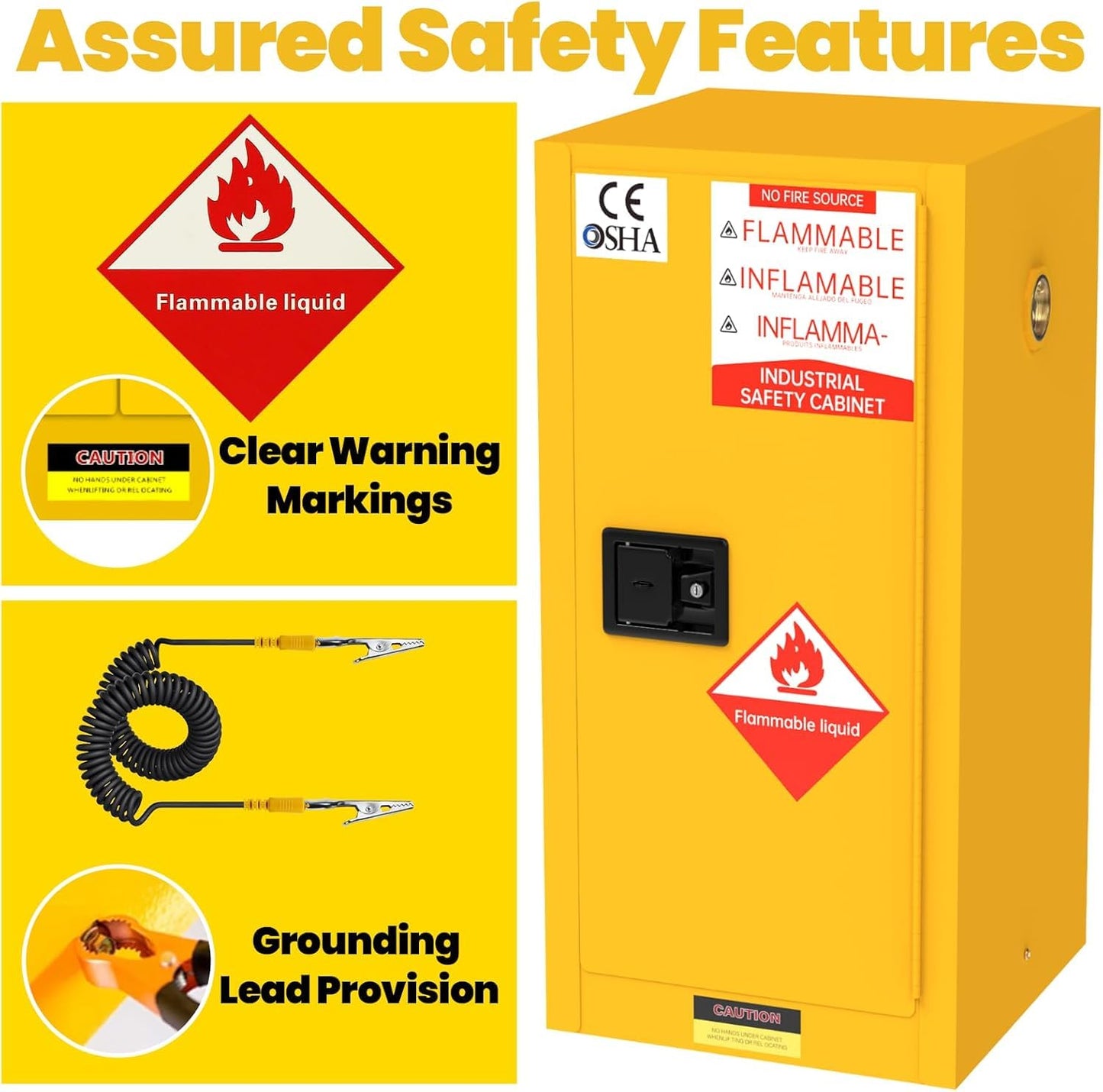 BLUEIAN 36" x 25" x 20" Flammable Storage Cabinet, 45 Gallon OSHA Fire Cabinet with ESD Grounding Cable, Stainless Steel Adjustable Shelf Flammable Safety Cabinet for Fireproof Chemical Storage