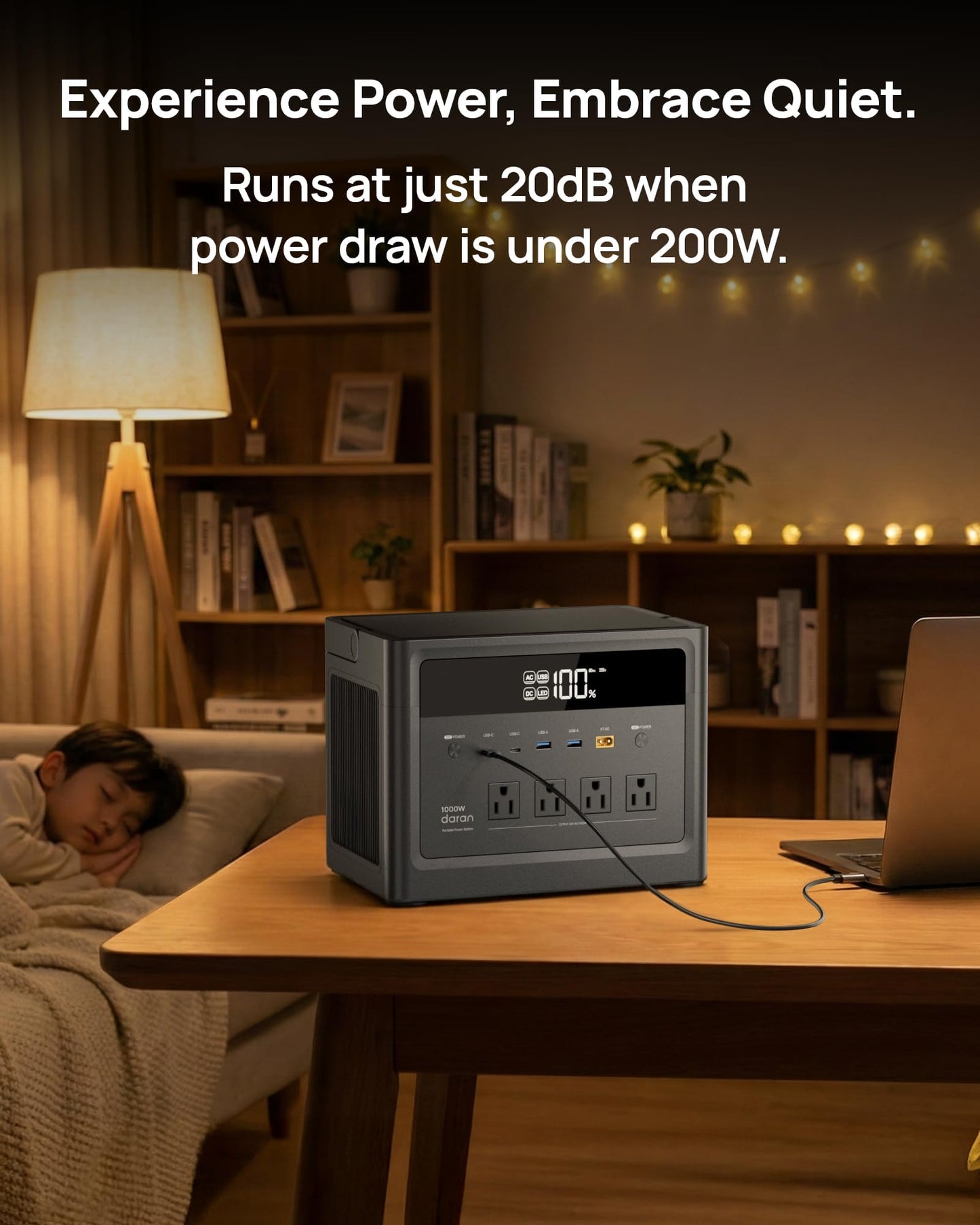 DARAN Portable Power Station 1000W, 576Wh Solar Generator with 4 AC Outlets (2000W Surge), 100W PD Fast Charge, LiFePO4 Battery Backup for Camping, RV & Home Use
