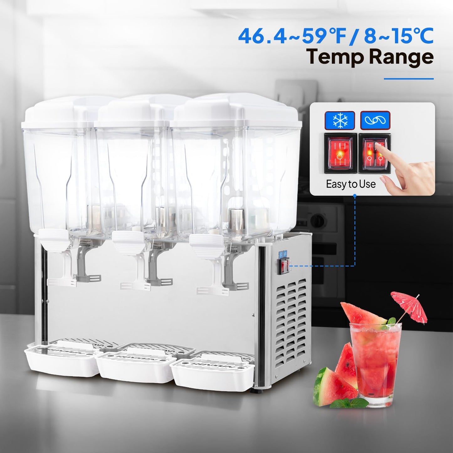 ROVSUN 14.4 Gallon/54L Commercial Beverage Dispenser Drink Dispenser, 18L X 3 Tanks Commercial Juice Dispenser Stainless Steel with Thermostat Controller for Home Restaurant Bar Party 110V/60HZ