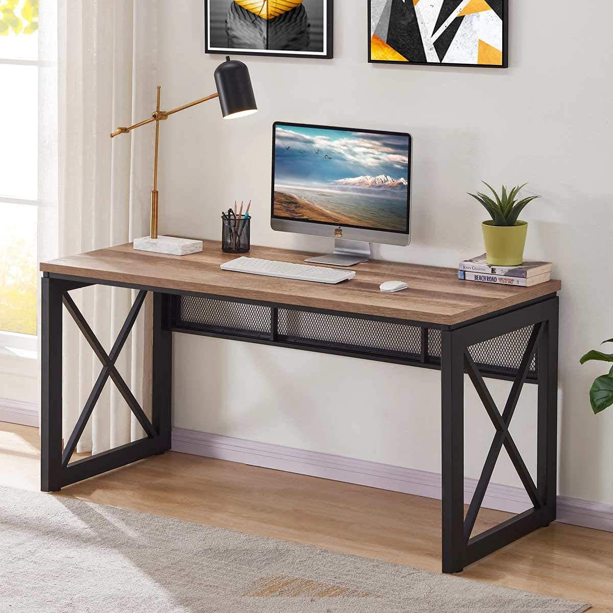 BON AUGURE Computer Desk for Home Office, Sturdy Office Desk, Wide Wood Metal Writing Table, Farmhouse Industrial Gaming Desks (60 Inch, Vintage Oak)
