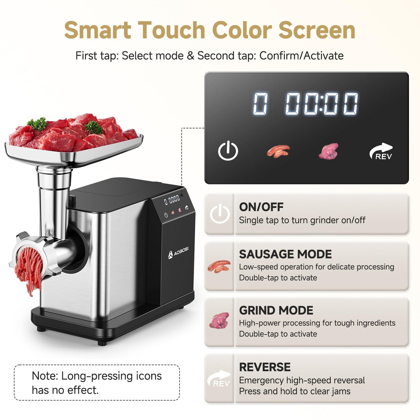 AAOBOSI Meat Grinder Electric 3000W Max with Touch Color Screen, Auto-Reverse & Built-in Storage - 3 Speed Settings,Grinding, Sausage & Kibbe Making for Home Use, Stainless Steel