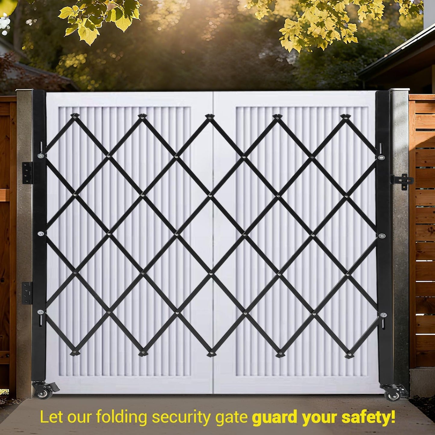 Single Expandable Gate, 87"H x 85"W Folding Security Door Gate, 360° Rolling Barricade Gate, Heavy-Duty Steel Outdoor Retractable Lockable Scissor Gates for Courtyards, Garages, Gardens, Pool