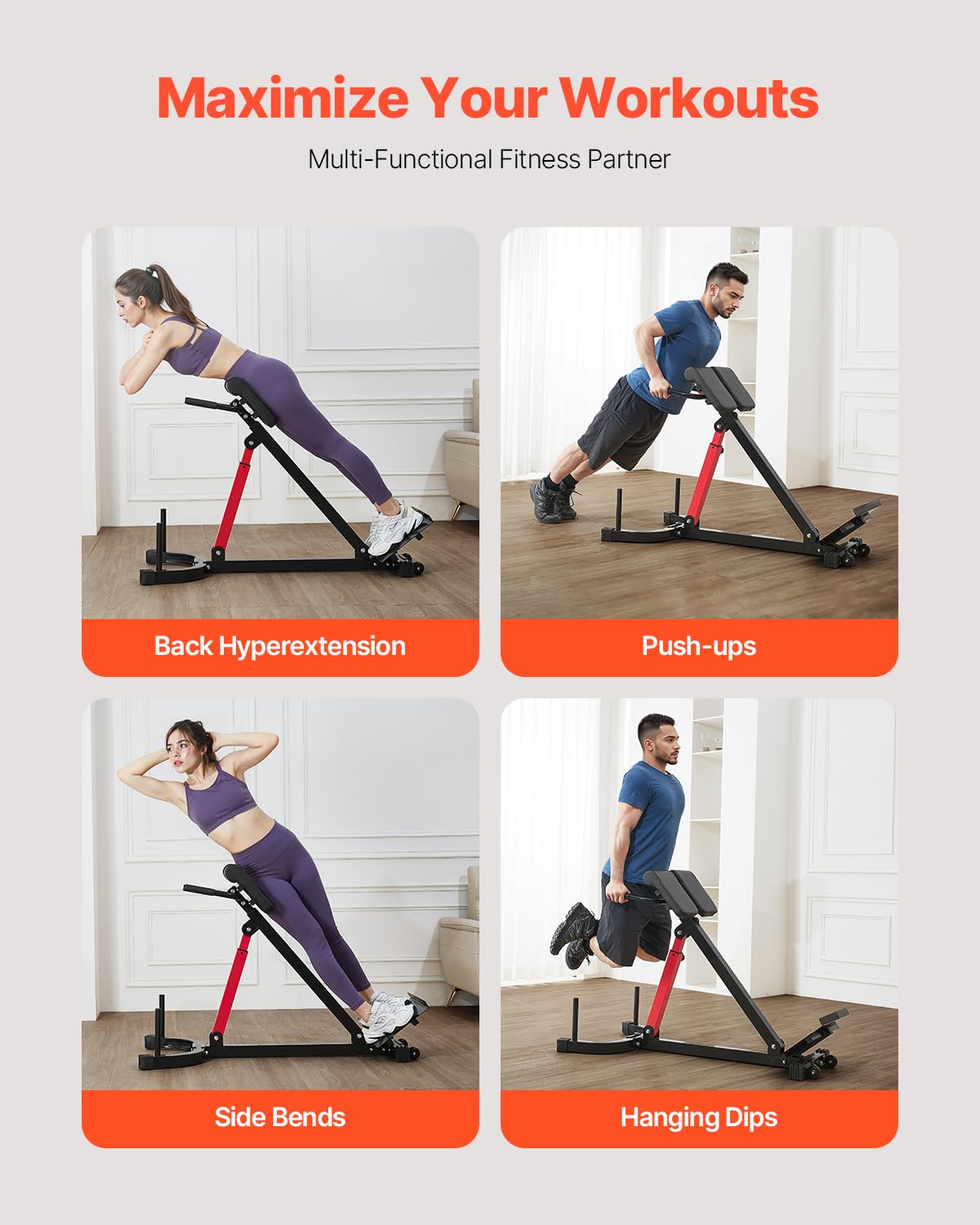 VEVOR Roman Chair Hyperextension Bench, 350 lbs Adjustable Extension Machine, Multi-Function Exercise Equipment for Glute, Hamstring, Lower Back, and Ab Workout, Fitness Weight Bench for Home Gym