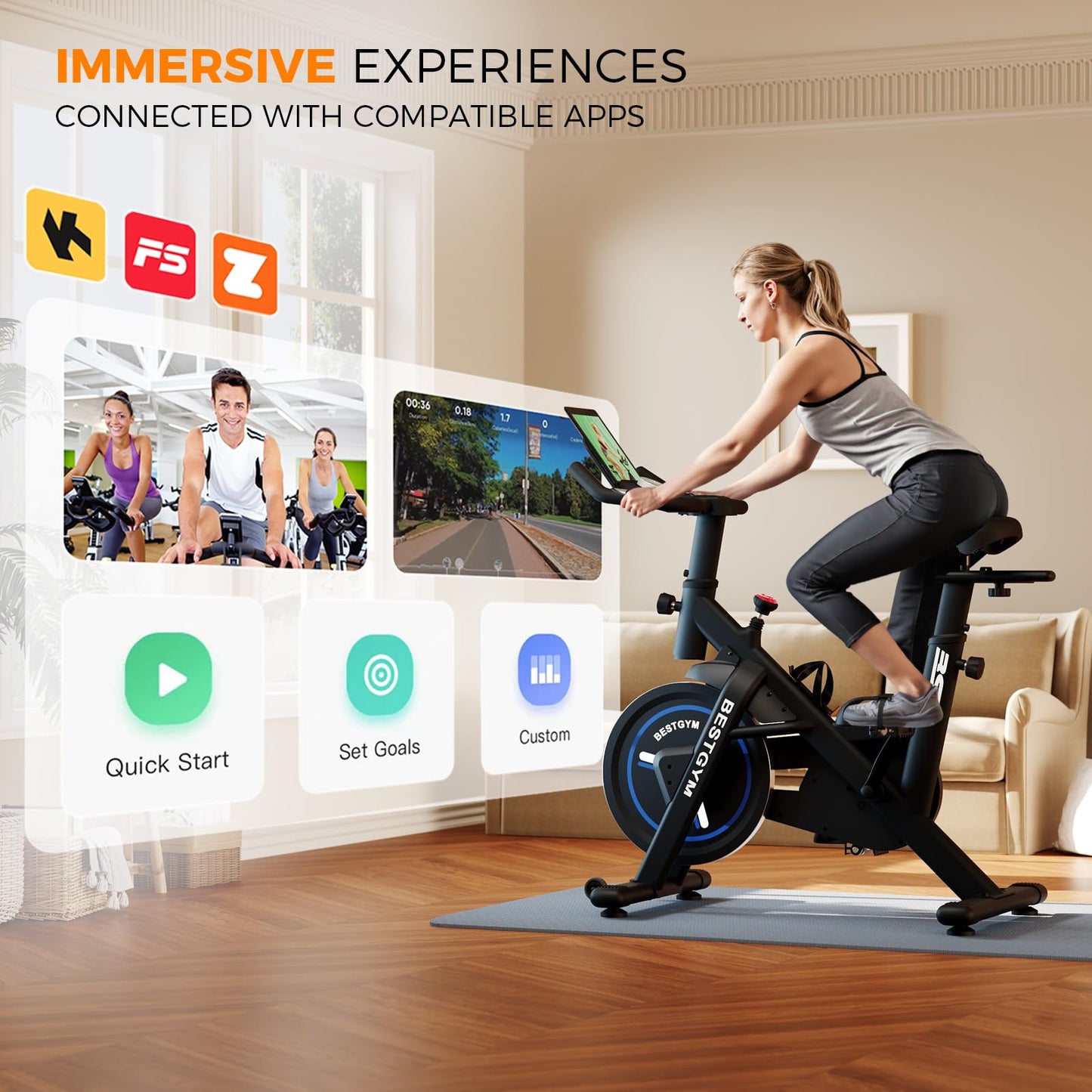 BSJ BESTGYM Exercise Bike, Brake Pad Stationary Bike with App, Low Noise Indoor Cycling Bike with 330lbs Weight Capacity, Adjustable Seat, Tablet Holder, Water Bottle Holder for Home Fitness and Weight Loss (Friction-Black)
